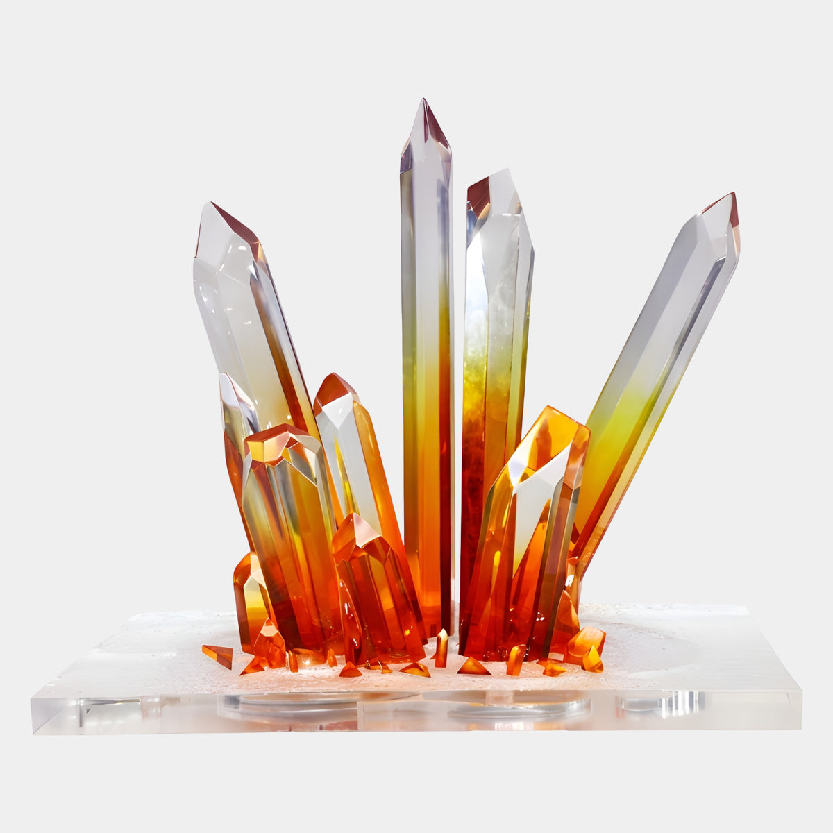 Red & Clear Crystal Cluster Resin Sculpture, 100cm, faceted spires rising from a clear slab base, red fading to orange and clear, on a white background.