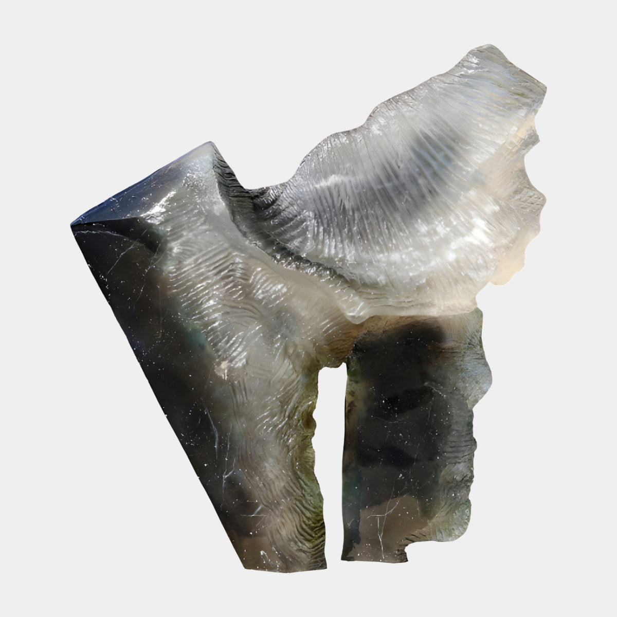 Grey & Green Combed Arch Resin Sculpture - 170cm, two textured legs forming an arch, smoky grey-green tones, flat base, on a plain white background.