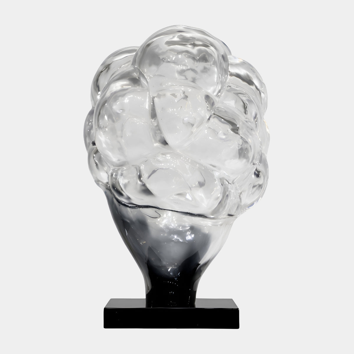 Clear Billowing Cloud Resin Sculpture - 92cm by Giant Sculptures, clear billowed top fading to black at the tapering base, on a black block stand against a plain white background.