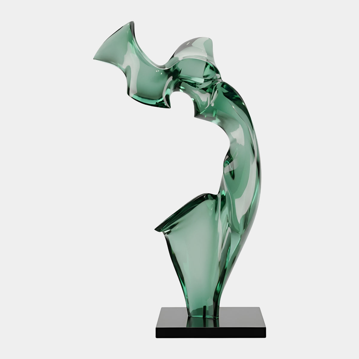 Green Arched Abstract Upright Resin Sculpture, 160cm, curved clear green form with flared fin on a black marble base, plain white background.