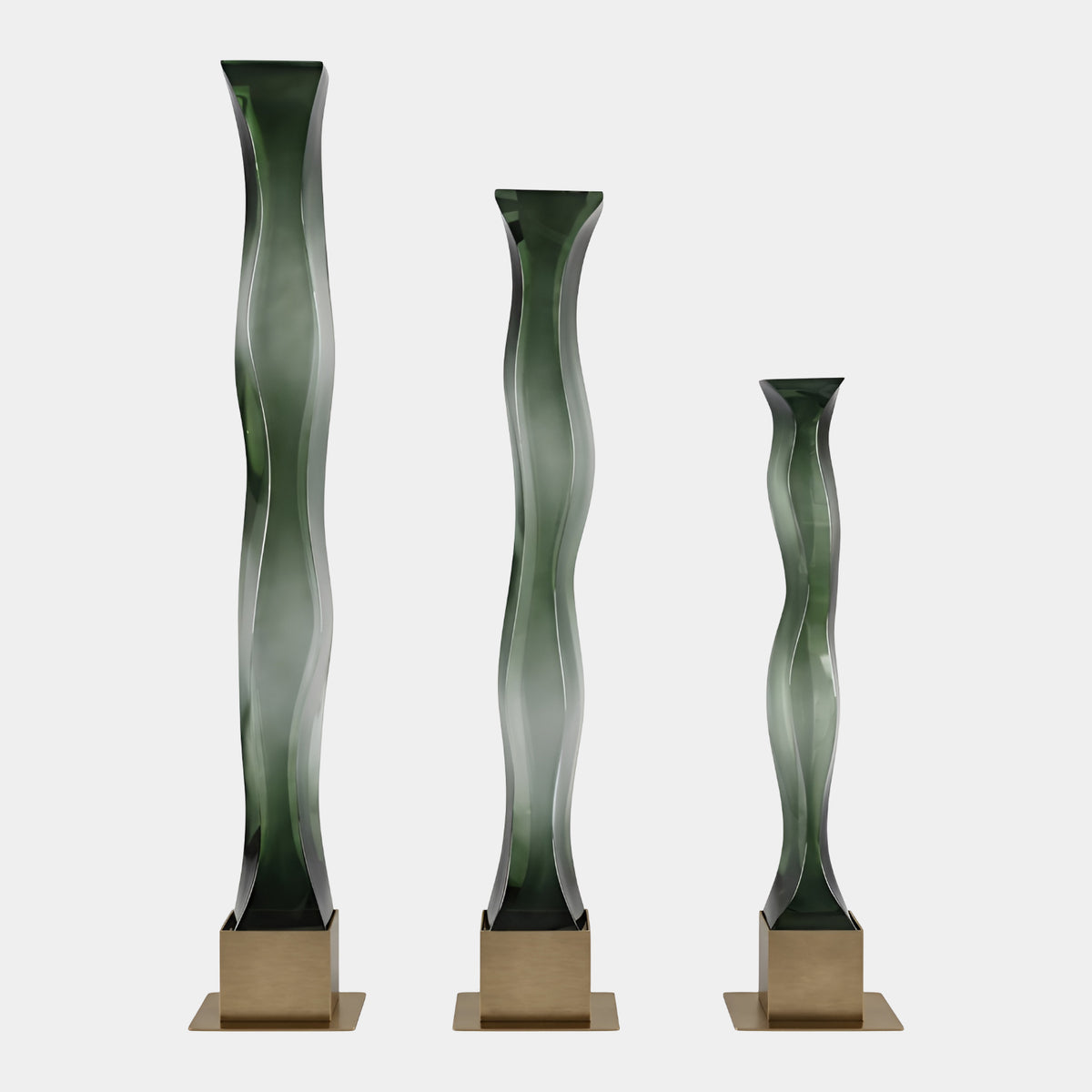 Three Green Wavy Hollow Resin Columns in translucent green resin on gold-toned stainless steel bases, shown in heights 140/180/210cm against a plain white background.