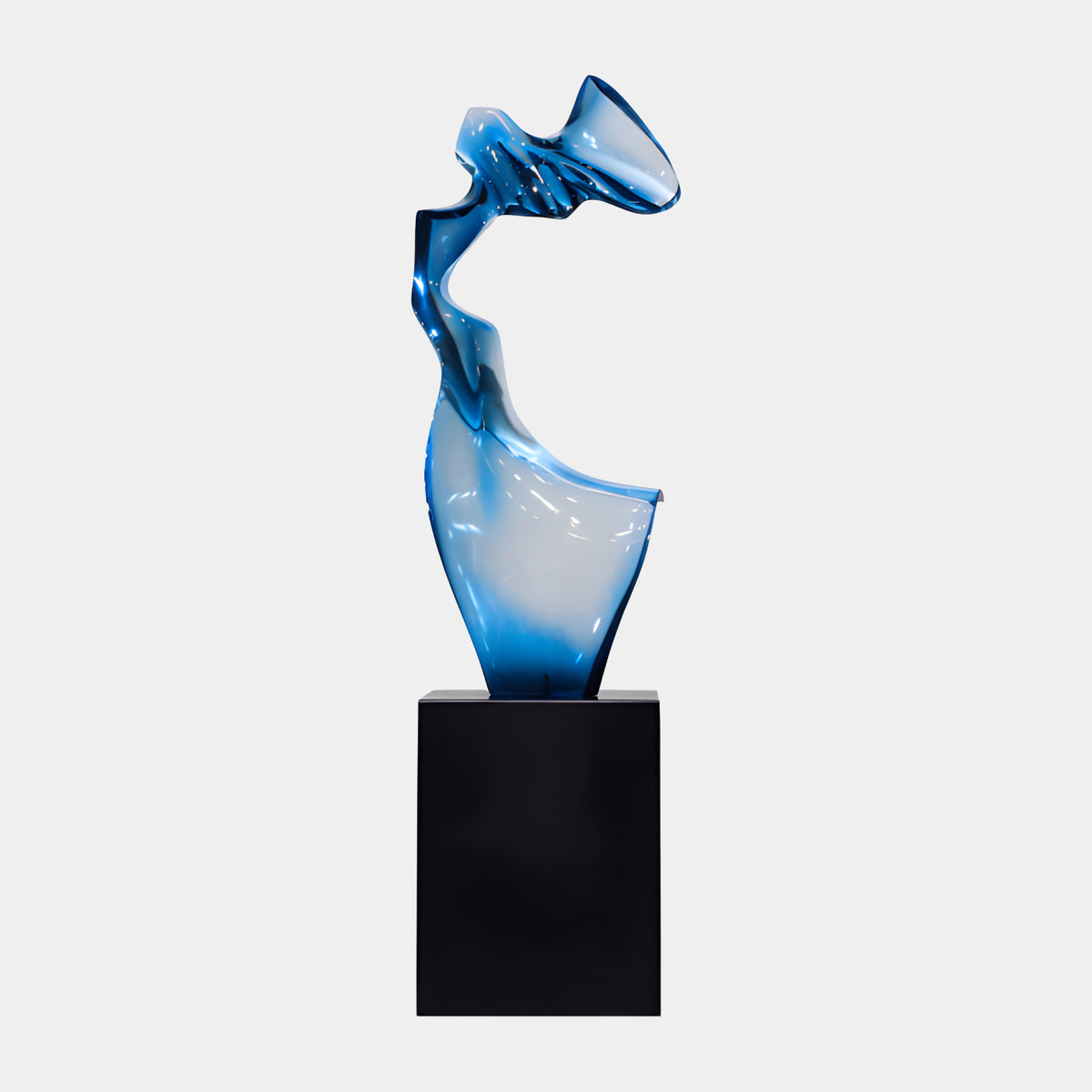 Blue & White Rising Figure Resin Sculpture - 140cm, a twisting abstract form flaring into a trumpet shape at the top, on a tall black plinth against a plain light background.
