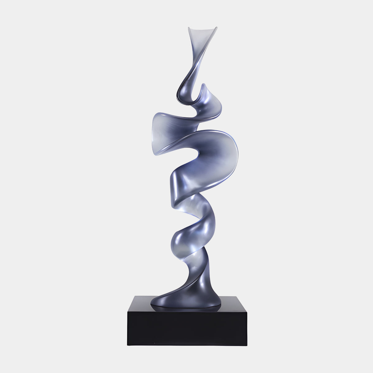 Matt Silver Grey Spiral Ribbon Resin Sculpture, 180cm, twisting ribbon form on a black square base, set against a plain light background.