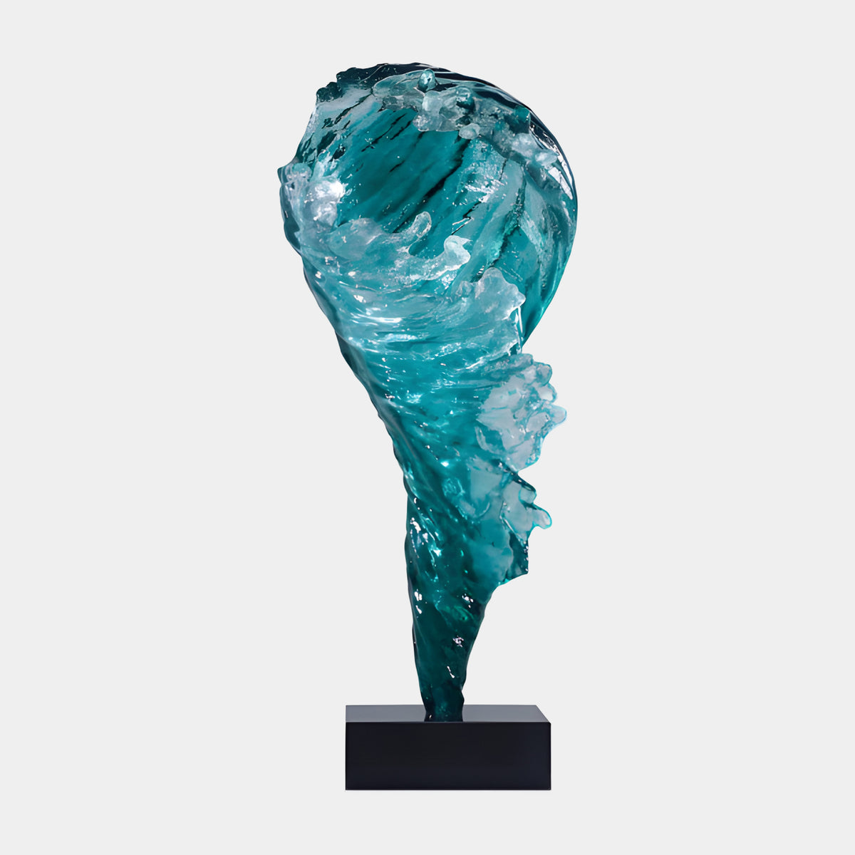 Blue & Green Shell Resin Sculpture - 110cm, a spiraling teal shell form with ridged edges on a black rectangular base, shown against a plain light grey background.