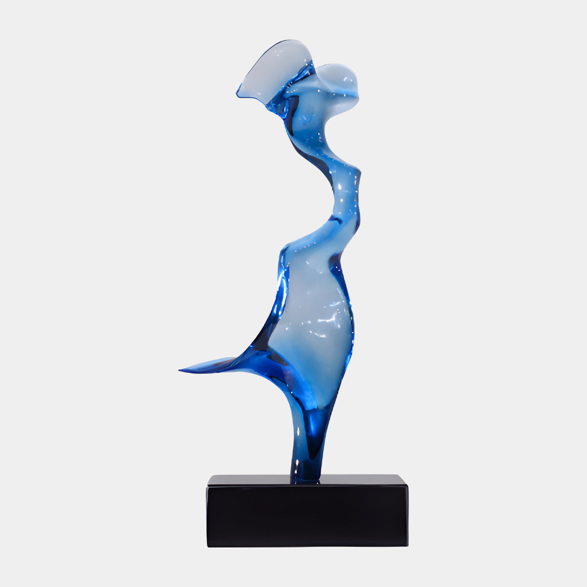 Blue Twisting Figure Resin Sculpture - 53cm, an abstract twisting form in translucent blue with a clear center, mounted on a black marble base against a plain light background.
