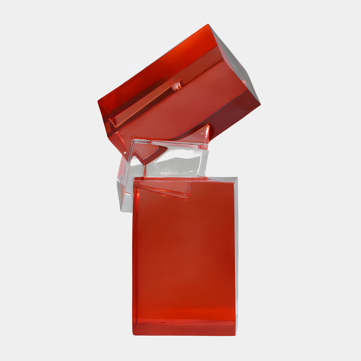 Red & Clear Crossed Block Resin Sculpture, 47cm, two angled red resin blocks joined by a clear colourless section, shown on a plain white background.