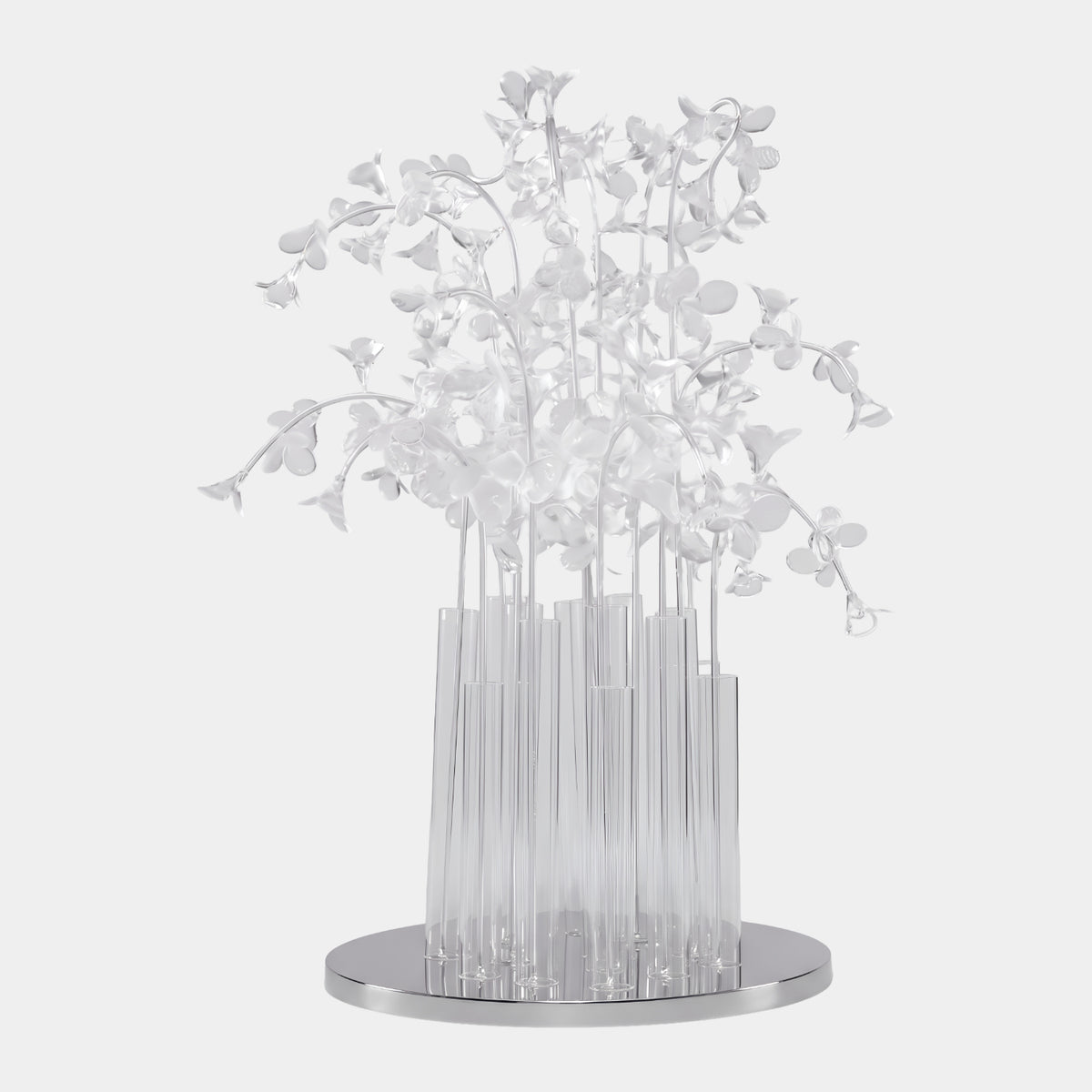 Clear Flower Stand Acrylic & Resin Sculpture, 70cm, slender clear rods with trumpet-shaped flower heads on a polished steel disc base, white background.