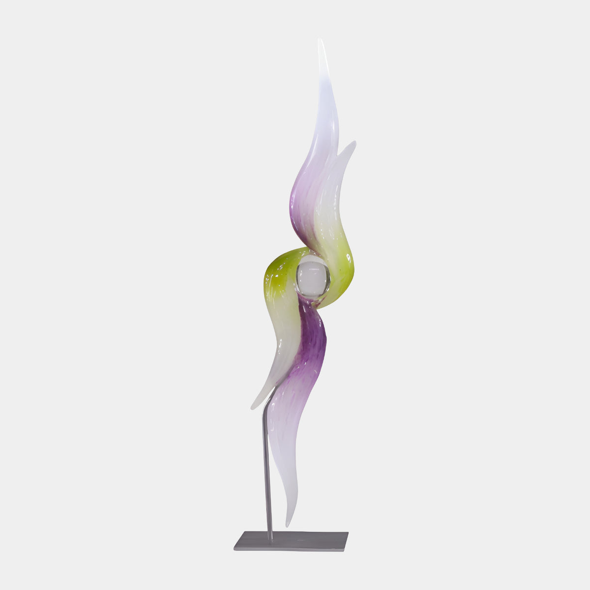 White, Violet & Lime Flame Resin Sculpture (45cm) in twisting flame form with a clear sphere at center, mounted on a slim metal stand, plain white background.