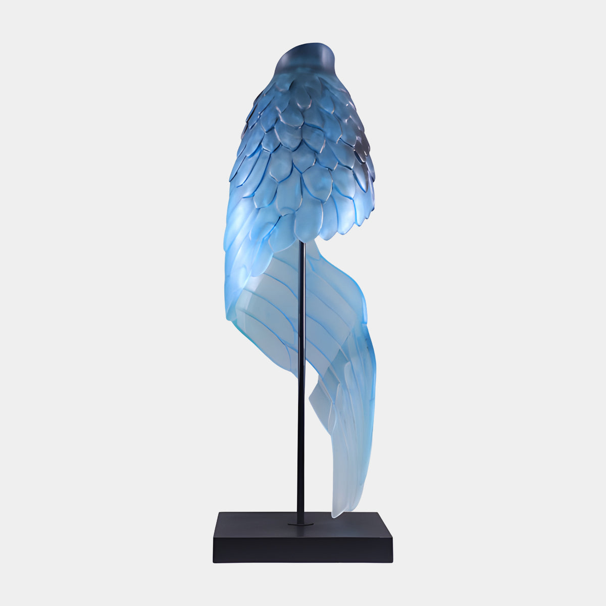 Blue Scaled Wing Resin Sculpture - 110cm, a single feathered wing in deep to frosted blue tones on a black rod and square metal base, shown against a plain light grey background.