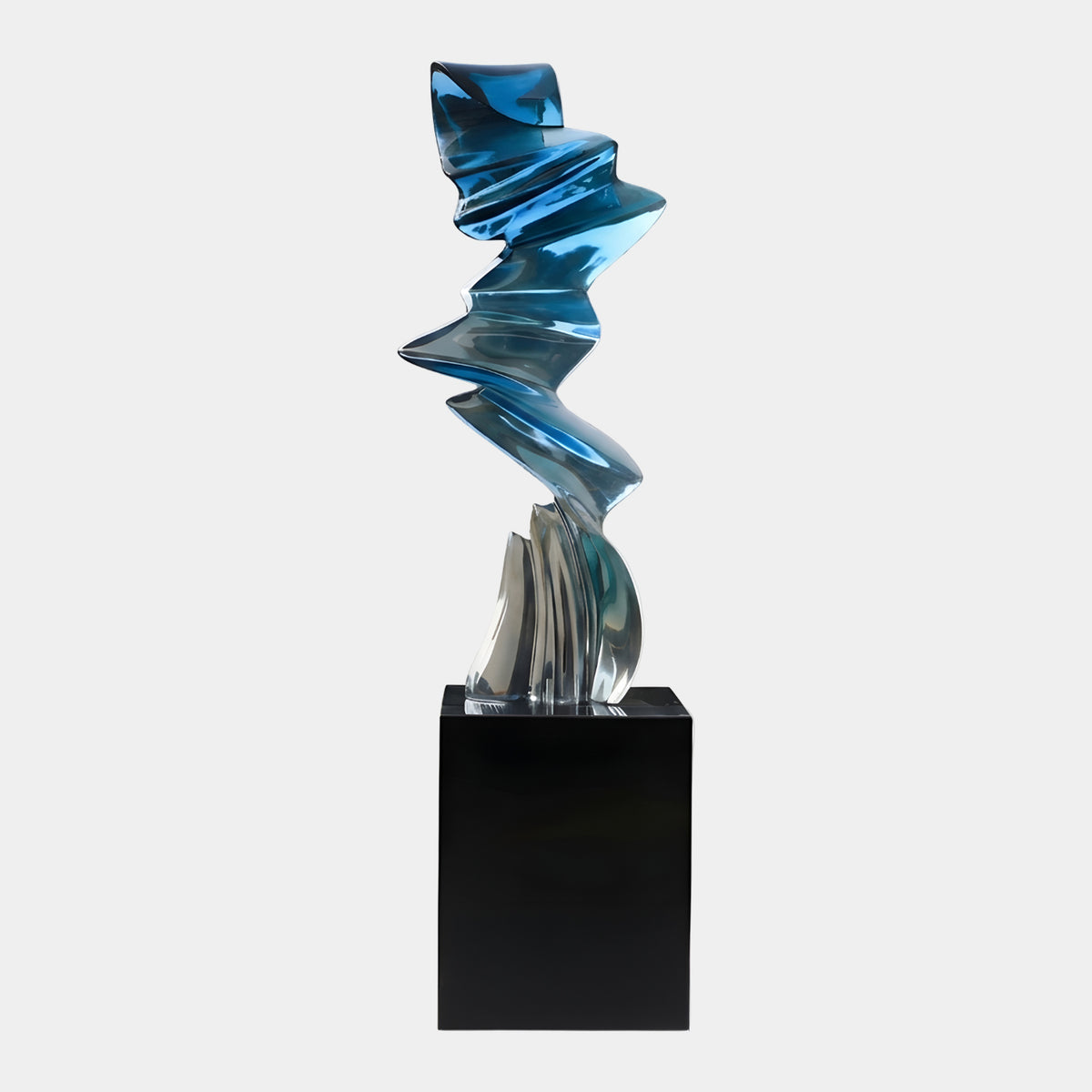 Mirror & Blue Folded Column Resin Sculpture (186cm) with silver mirrored base folds rising into clear blue folds, set on a black marble plinth against a plain light background.