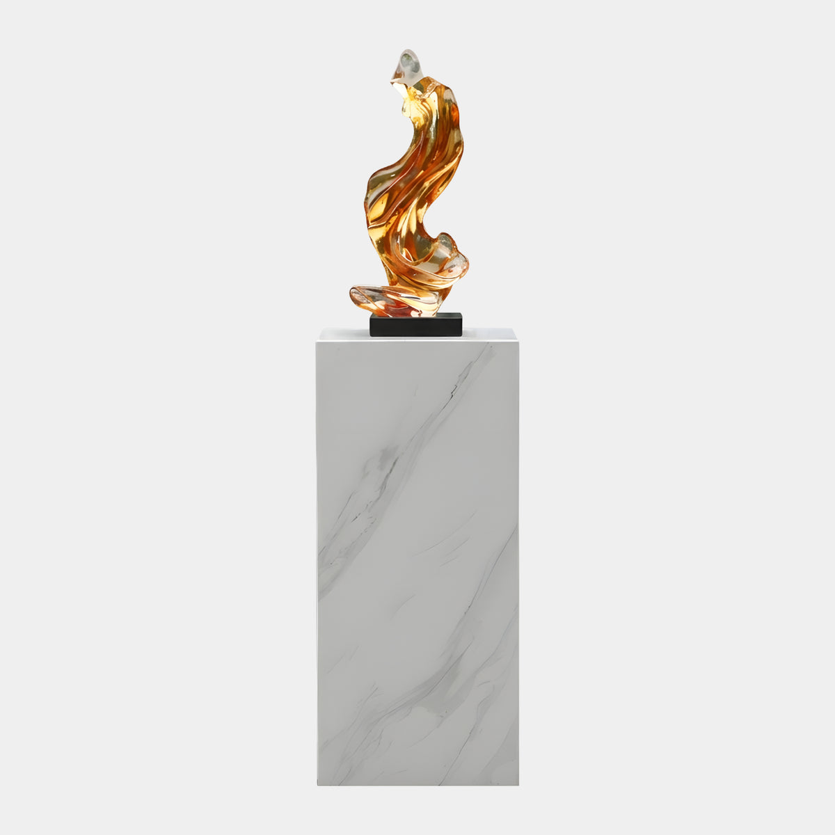 Orange & Red Flame Resin Sculpture - 164cm, an amber-toned twisting flame form on a black block atop a white marble plinth, shown against a plain light background.