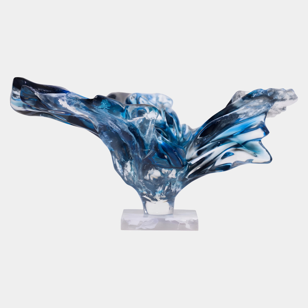 Blue & White Spreading Splash Resin Sculpture, 68cm, wave-like form on a clear resin base, set against a plain white background.