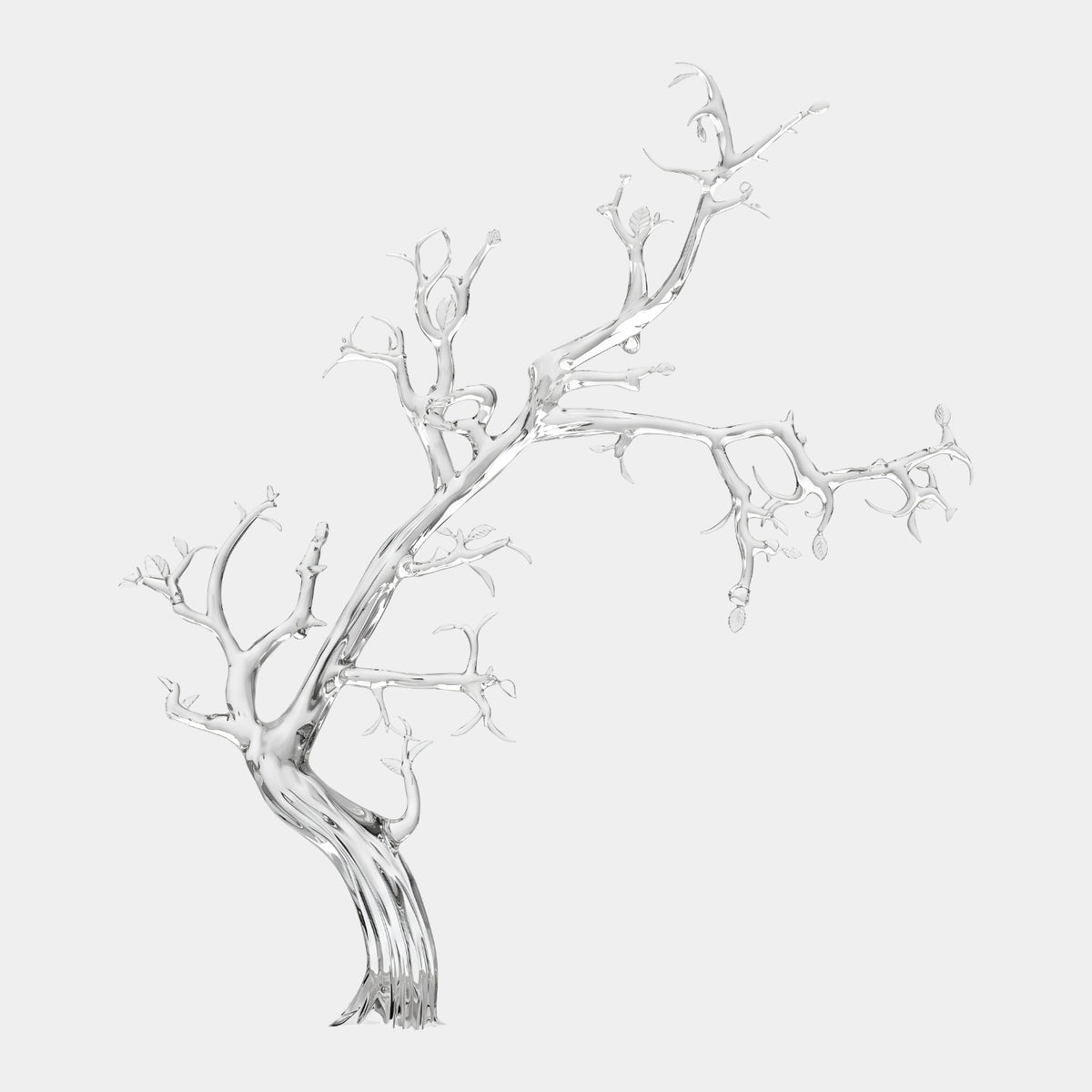Clear Bare Branching Tree Resin Sculpture, 175cm, with a leaning twisted trunk and outstretched budded branches, shown on a plain white background.