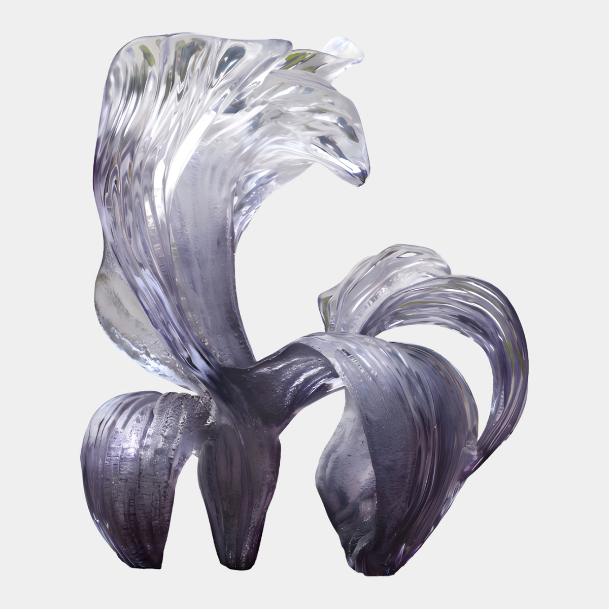Purple Twin Plume Resin Sculpture, 172cm, two ribbed wave-like plumes rising from a shared base, clear-to-violet tones, on a plain white background.