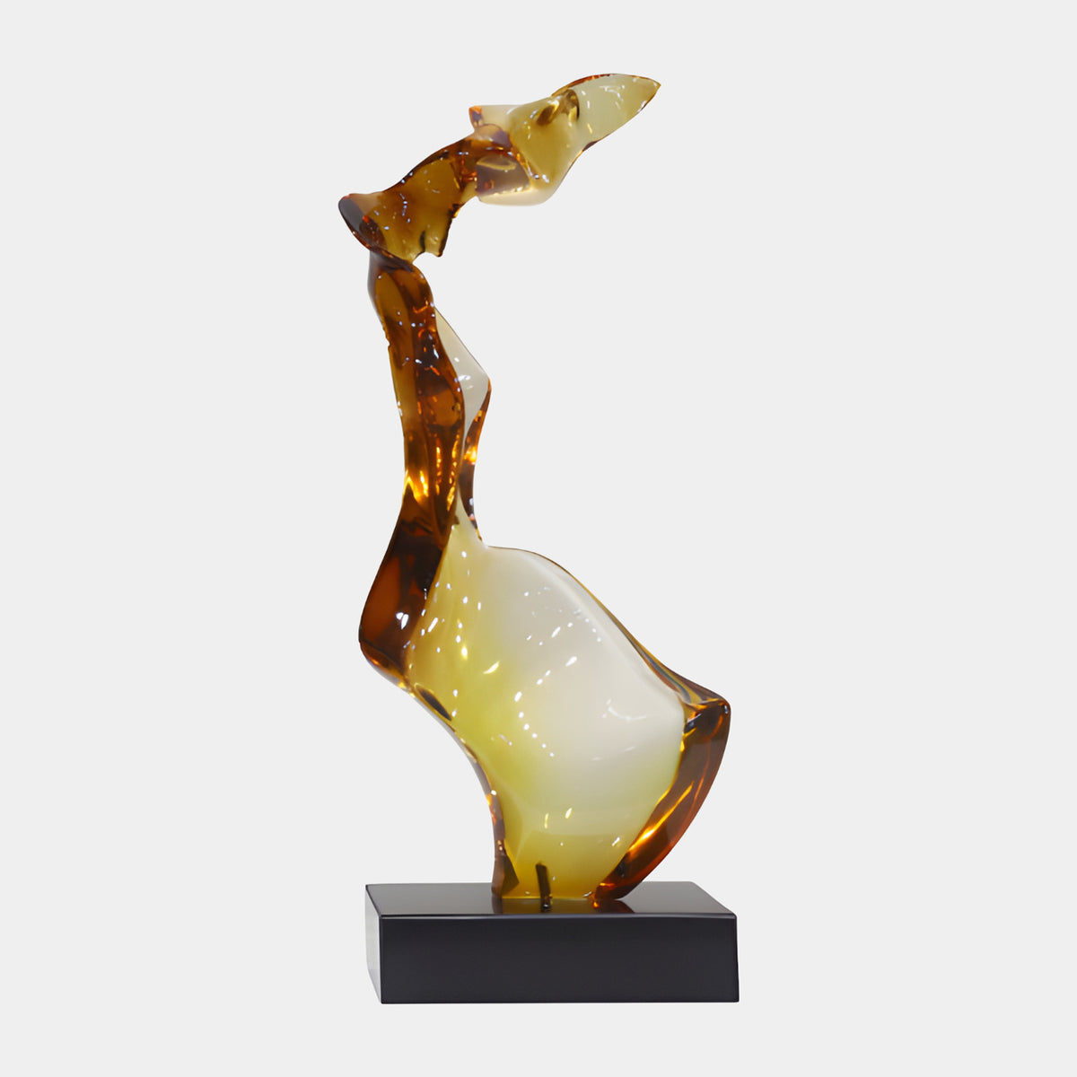 Amber & Cream Twisting Figure Resin Sculpture, 69cm, with amber edges and a cream body on a black marble base, set against a plain white background.