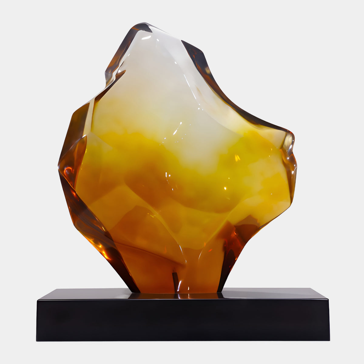 Orange & Cream Faceted Rock Resin Sculpture, 83cm, on a black marble base, set against a plain white background.