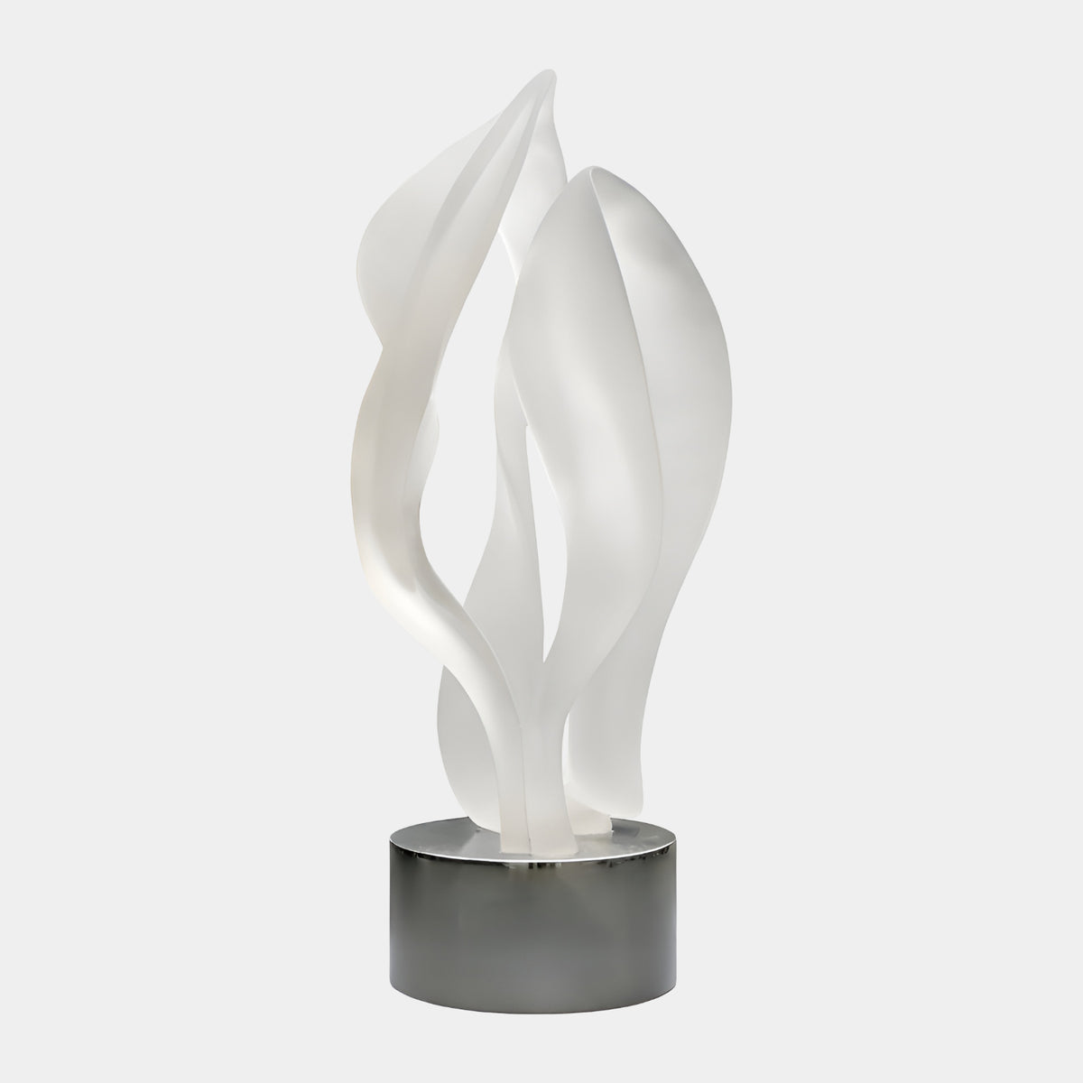 White Frosted Three-Leaf Bud Resin Sculpture, 220cm, on a polished steel cylinder base, shown against a plain light grey background.