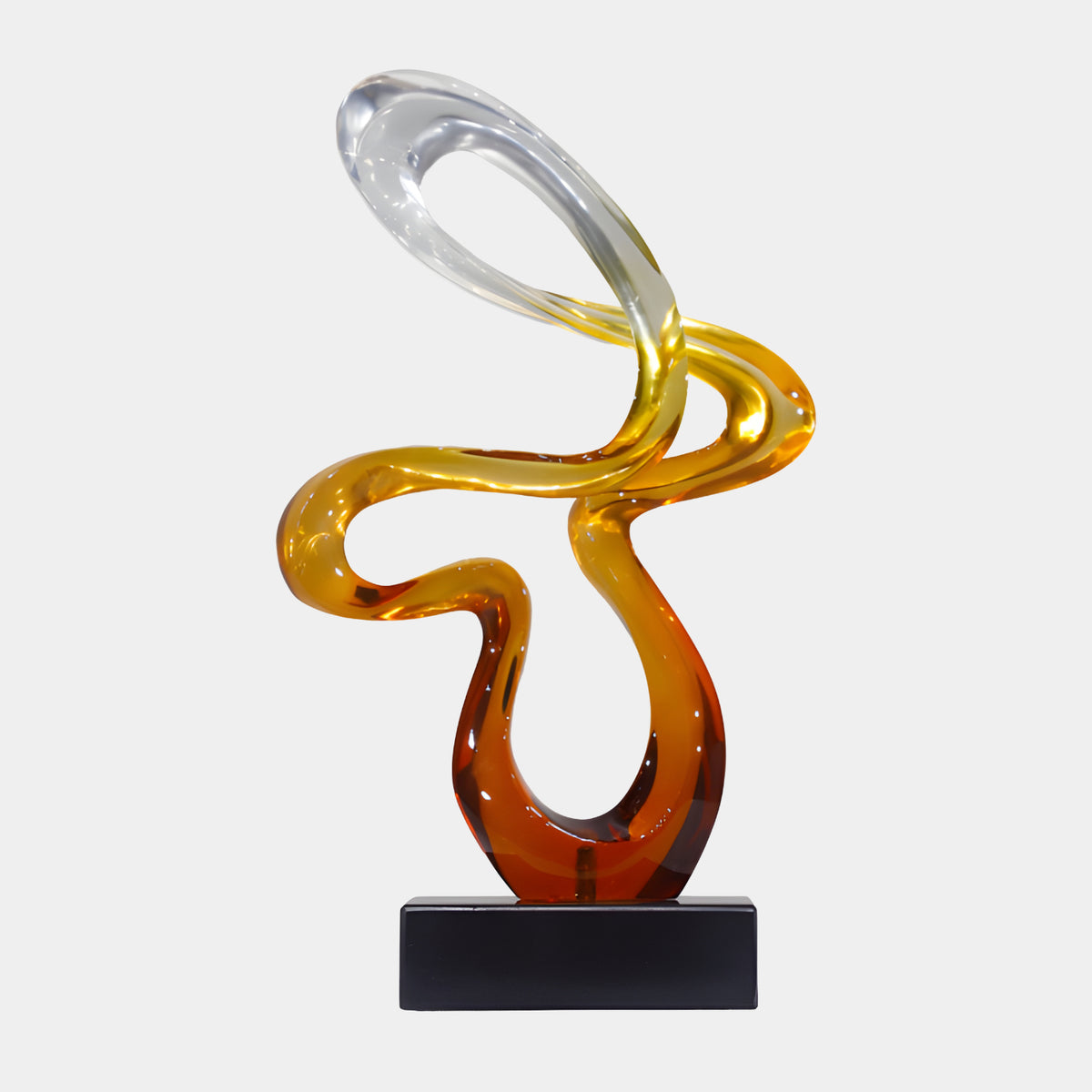 Red & Amber Looping Knot Resin Sculpture, 40cm, a continuous looped form shifting from red through amber to clear, resting on a black block base against a plain white background.