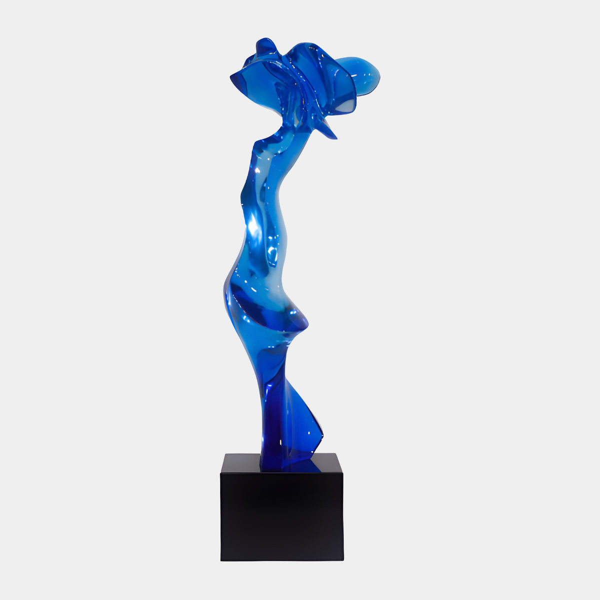 Blue Draped Figure Resin Sculpture - 150cm, an abstract figure with flowing drapery and open crown form, set on a black block base against a plain light background.