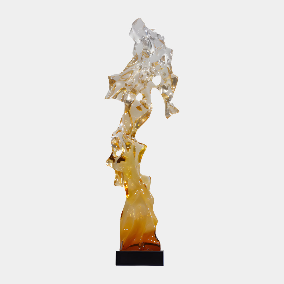Orange & Clear Thrown Splash Resin Sculpture, 116cm, amber-to-clear wave form with cut-through openings on a black base, set against a plain white background.