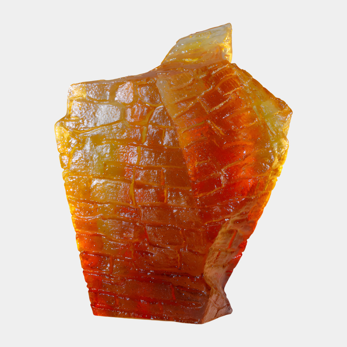 Orange Crazed Block Resin Sculpture - 51cm with amber-orange brickwork-like crazing and a folded angular form, shown on a plain white background.