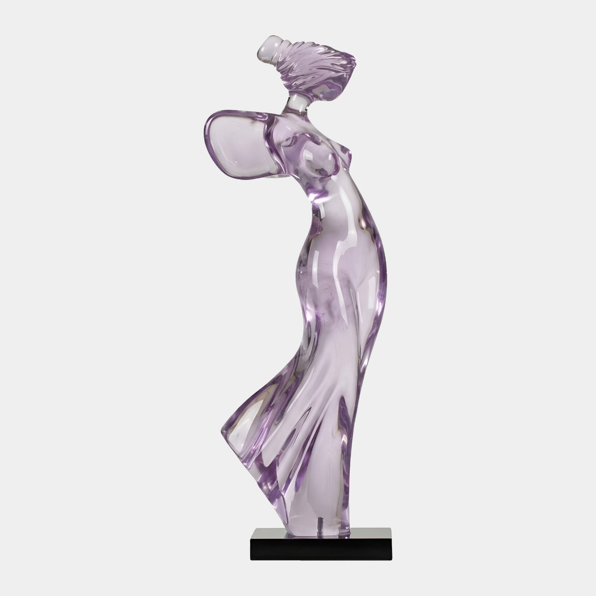 Purple Standing Figure Resin Sculpture - 207cm, a translucent violet female figure with swept-back hair and flowing drapery on a black marble base, shown against a plain white background.