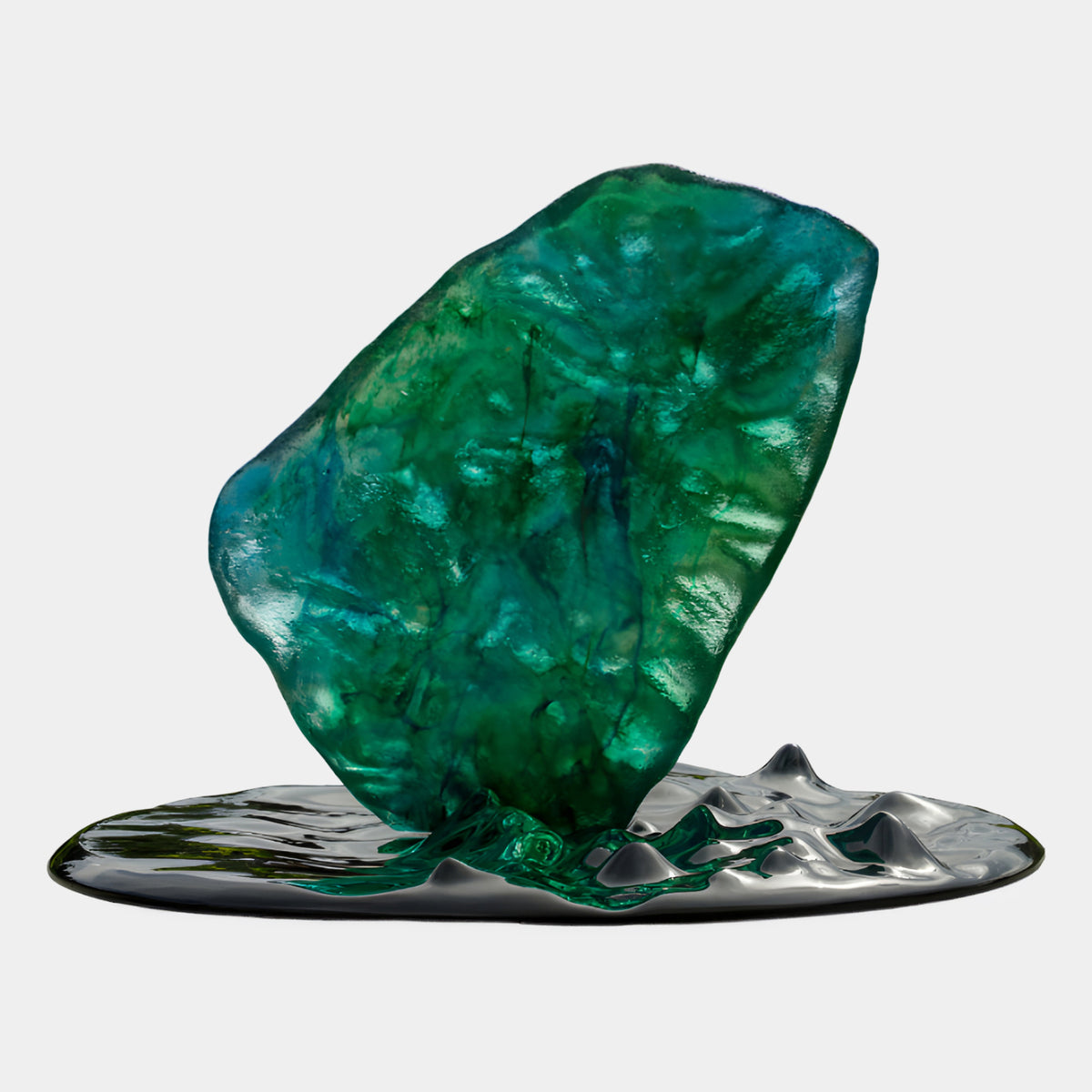 Green Boulder Resin Sculpture in a Dish, 160cm, a translucent emerald-green rock form on a mirrored, rippled silver dish, set against a plain white background.