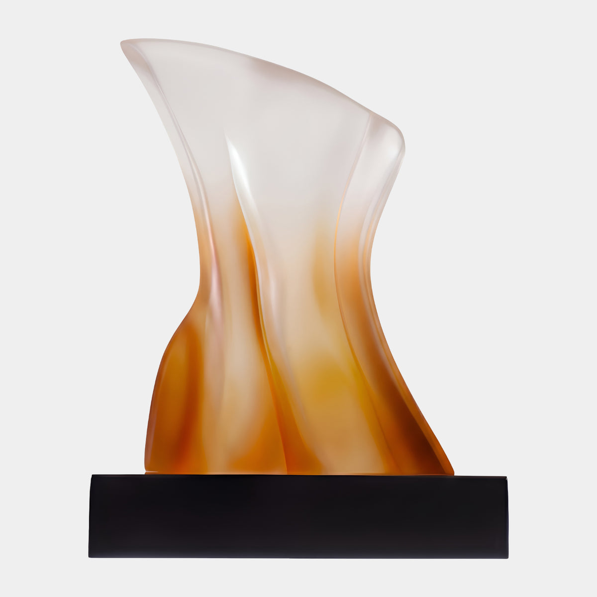 Orange & White Furled Form Resin Sculpture, 65cm, twisting frosted resin form on a black marble base, set against a plain white background.