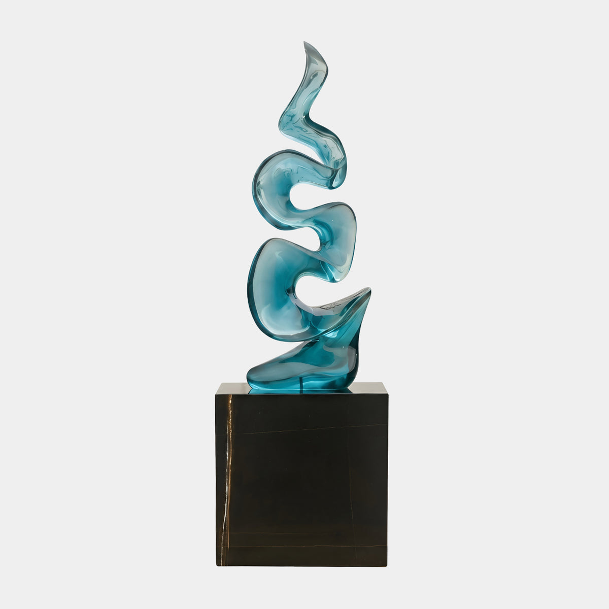 Teal Scrolling Curl Column Resin Sculpture (200cm) with stacked ribbon-like curls on a black marble plinth, set against a plain light background.