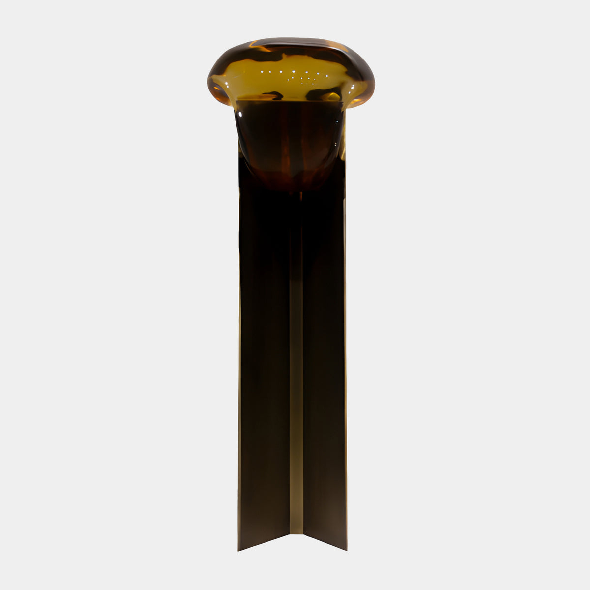 Amber Resin & Brushed Metal Column Sculpture, 110cm, with an anvil-shaped amber cap over a cruciform brushed metal column, shown on a plain white background.