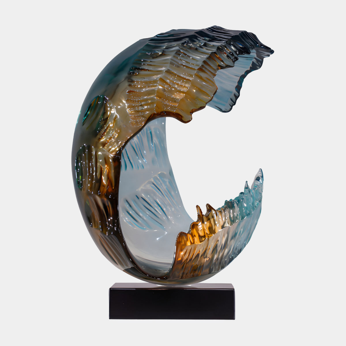 Blue Curled Wave Resin Sculpture, 59cm, a curled wave form in blue and amber tones on a black marble base, shown on a plain white background.