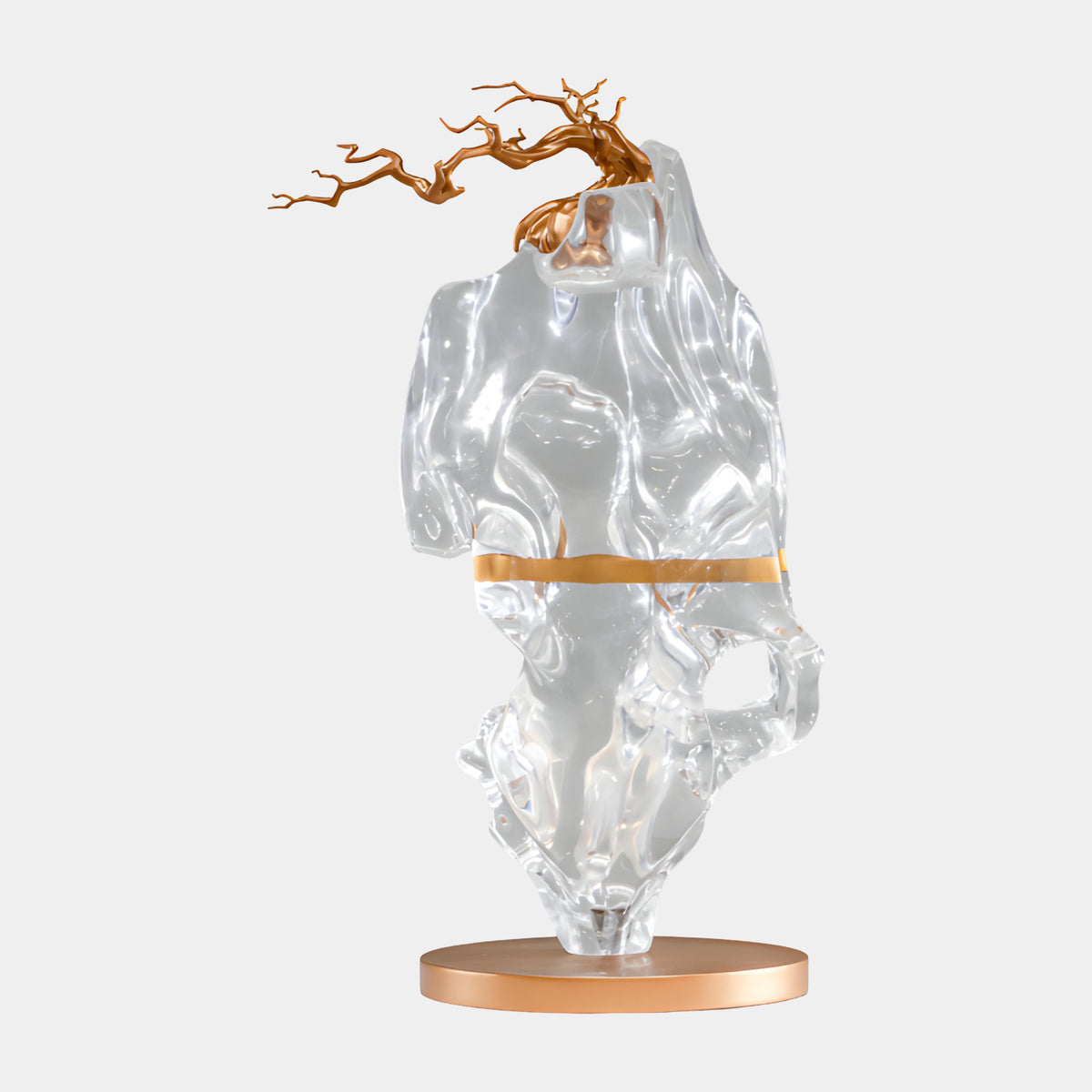 Clear & Gilt Pierced Rock Resin Sculpture - 50cm with a gold waist band and branch-like gilt spray at the crown, set on a round gold disc base against a plain white background.