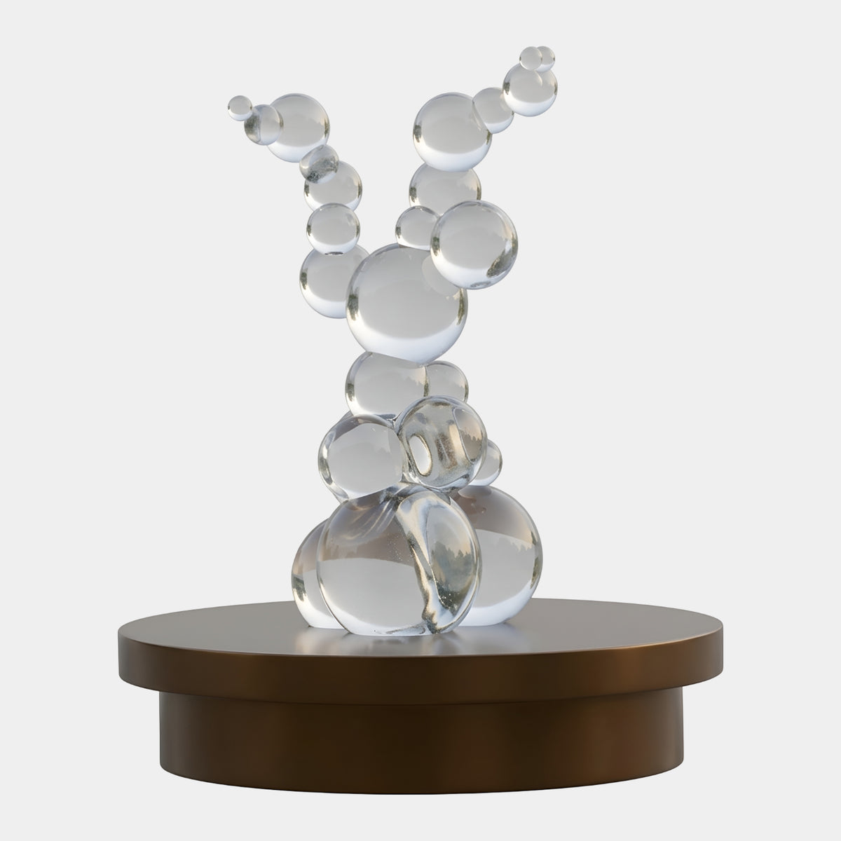 Clear Stacked Sphere Acrylic Sculpture - 142cm, clear spheres rising into two branching arms on a bronze disc base, plain white background.