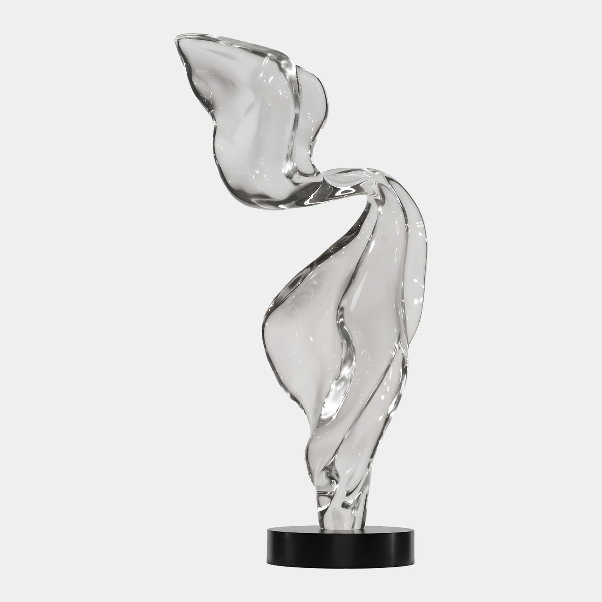 Clear Hooded Fold Resin Sculpture - 100cm by Giant Sculptures, a twisting translucent form curling into a hooded fold on a round black marble base, shown against a plain light grey background.
