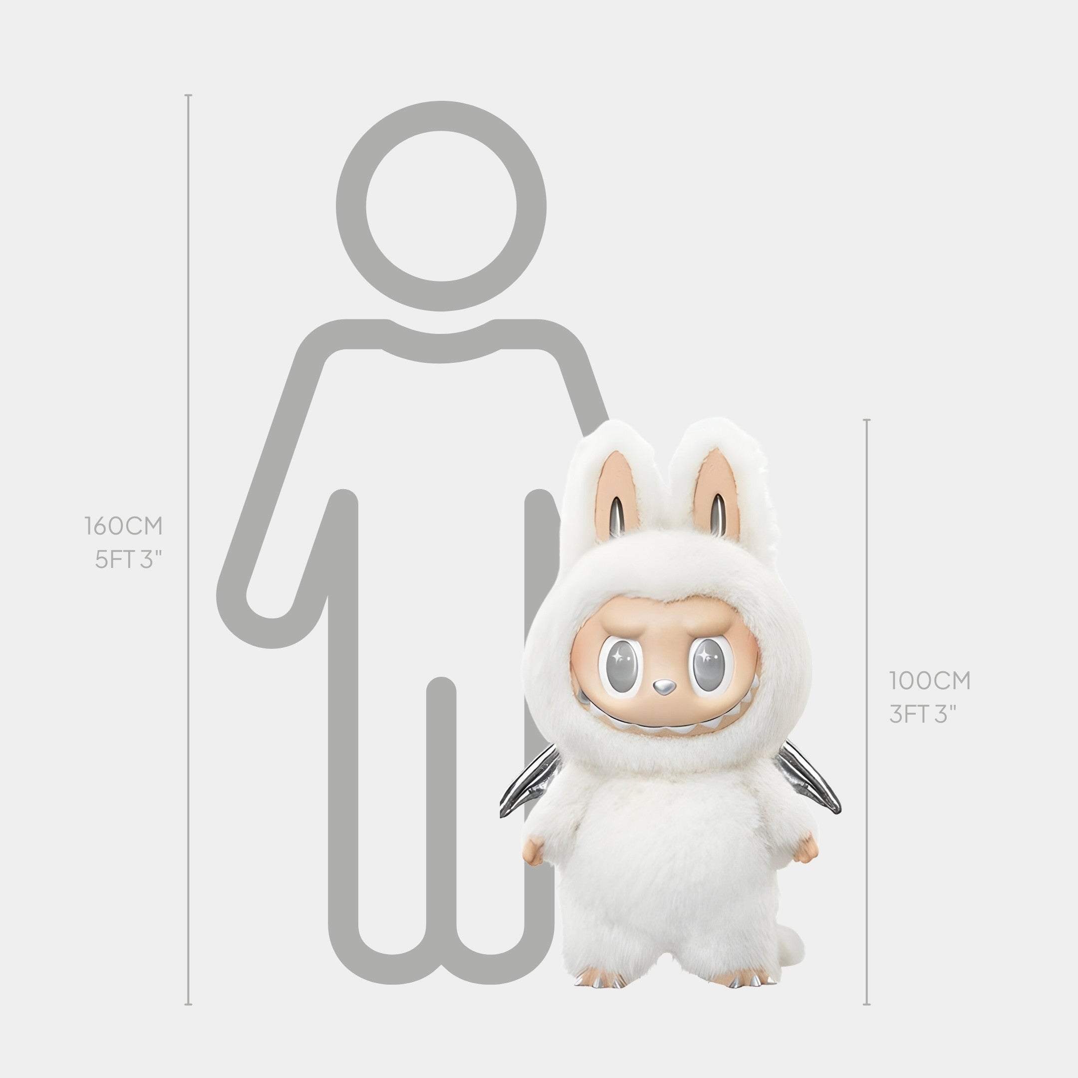 The 100cm Zimomo Angel White Labubu Sculpture by Giant Sculptures, featuring a cute face and bunny ears, is shown before a height chart beside a 160cm human silhouette for size comparison.