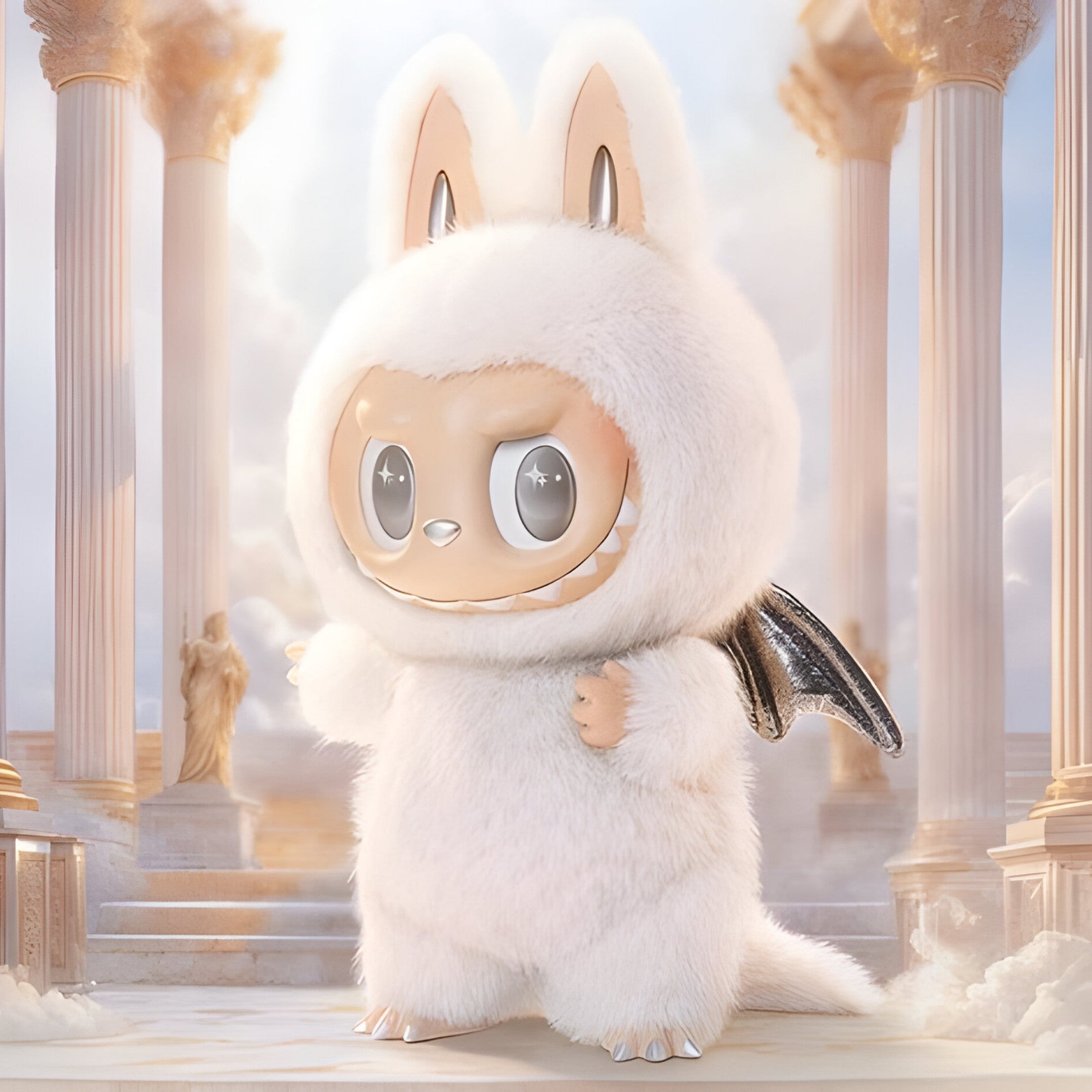 A charming plush creature with white fur, rabbit ears, big eyes, sharp teeth, and black bat wings stands among marble columns—a dreamy collectible inspired by Giant Sculptures’ Zimomo Angel White Labubu Sculpture (160cm).