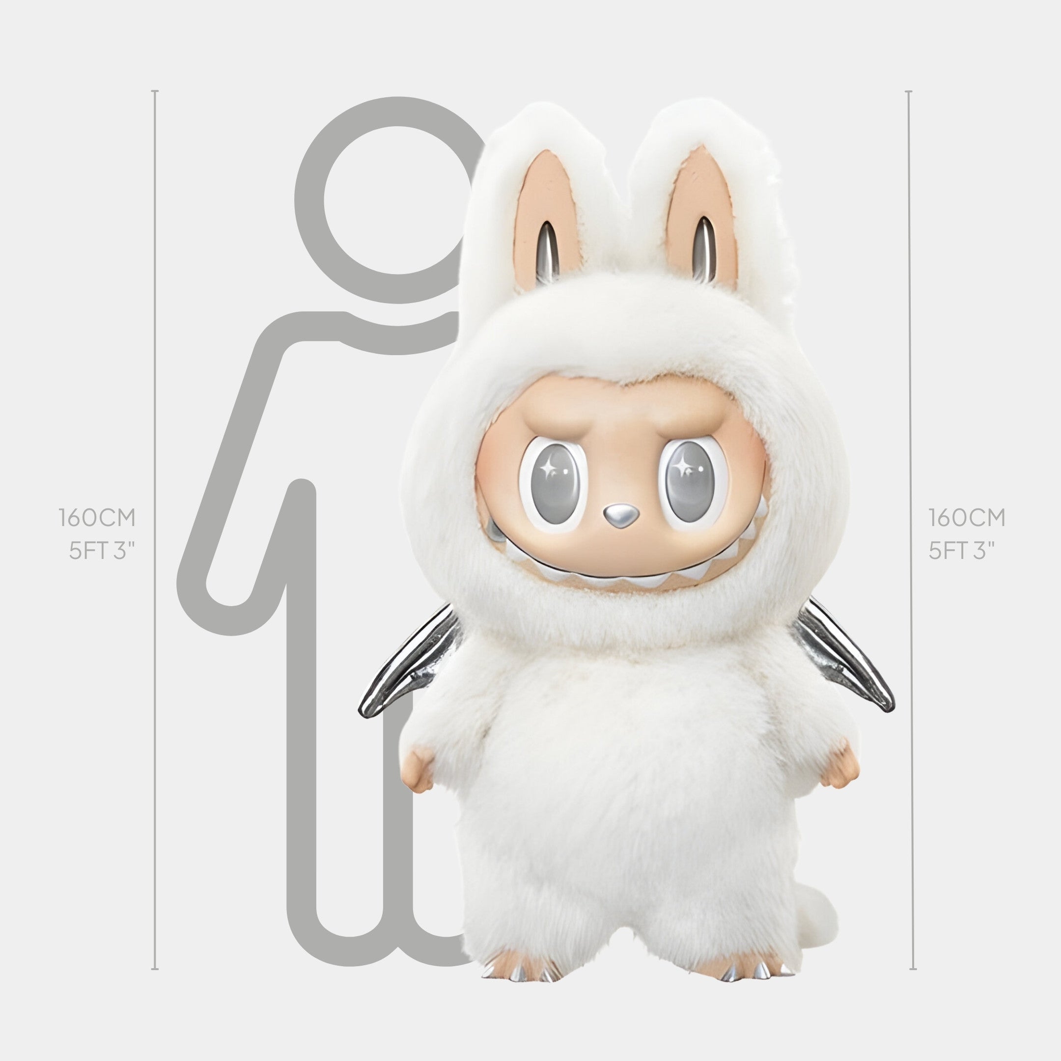 The Zimomo Angel White Labubu Sculpture by Giant Sculptures is a 160cm plush, white, bunny-eared collectible with large round eyes and silver wings, shown in front of a height chart reaching 160 cm (5 ft 3 in).