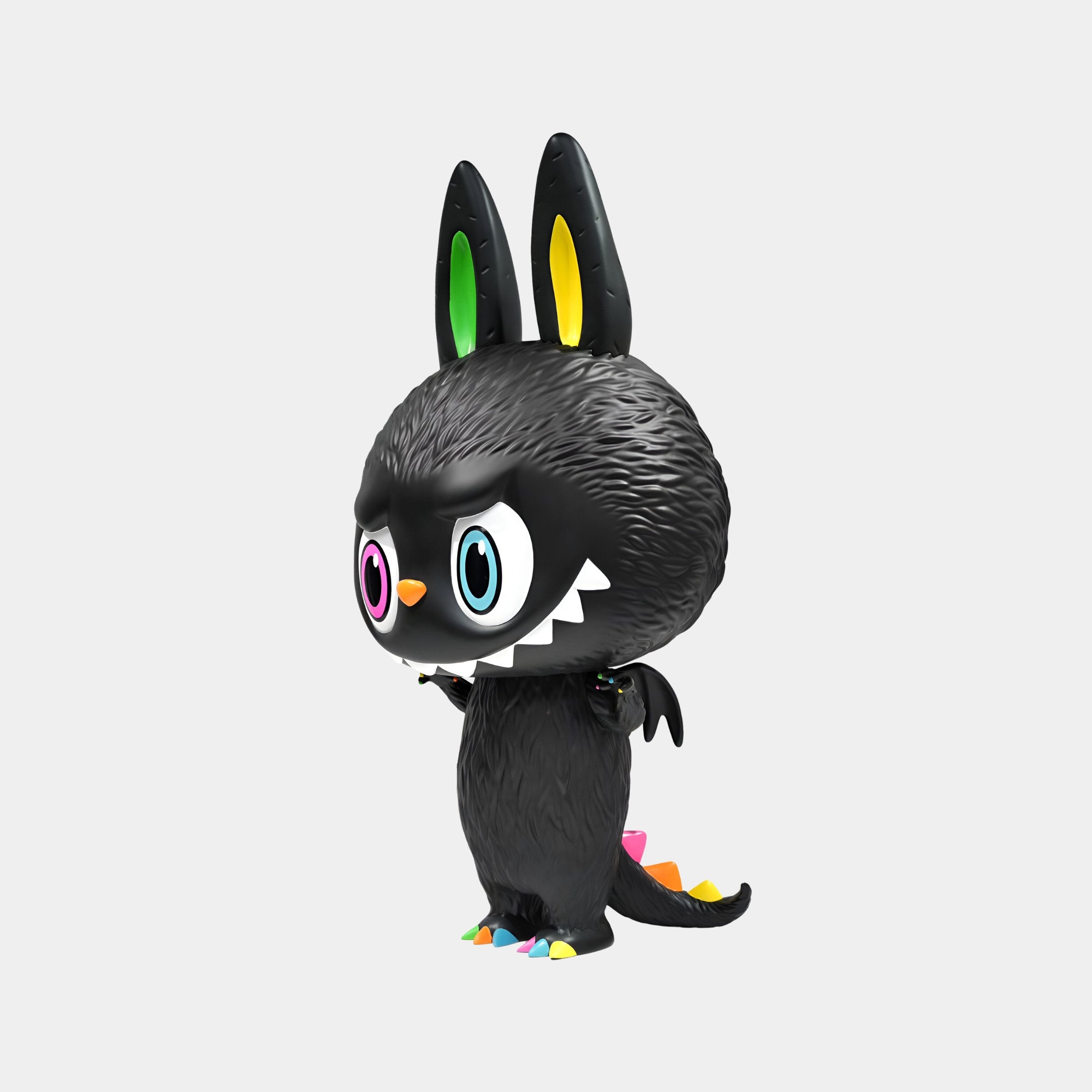 A cartoonish black creature with bunny ears, colorful eyes, and sharp teeth stands on two legs—The Monster Zimomo Titan Labubu Sculpture (70cm) by Giant Sculptures makes a bold statement as unique interior decor.