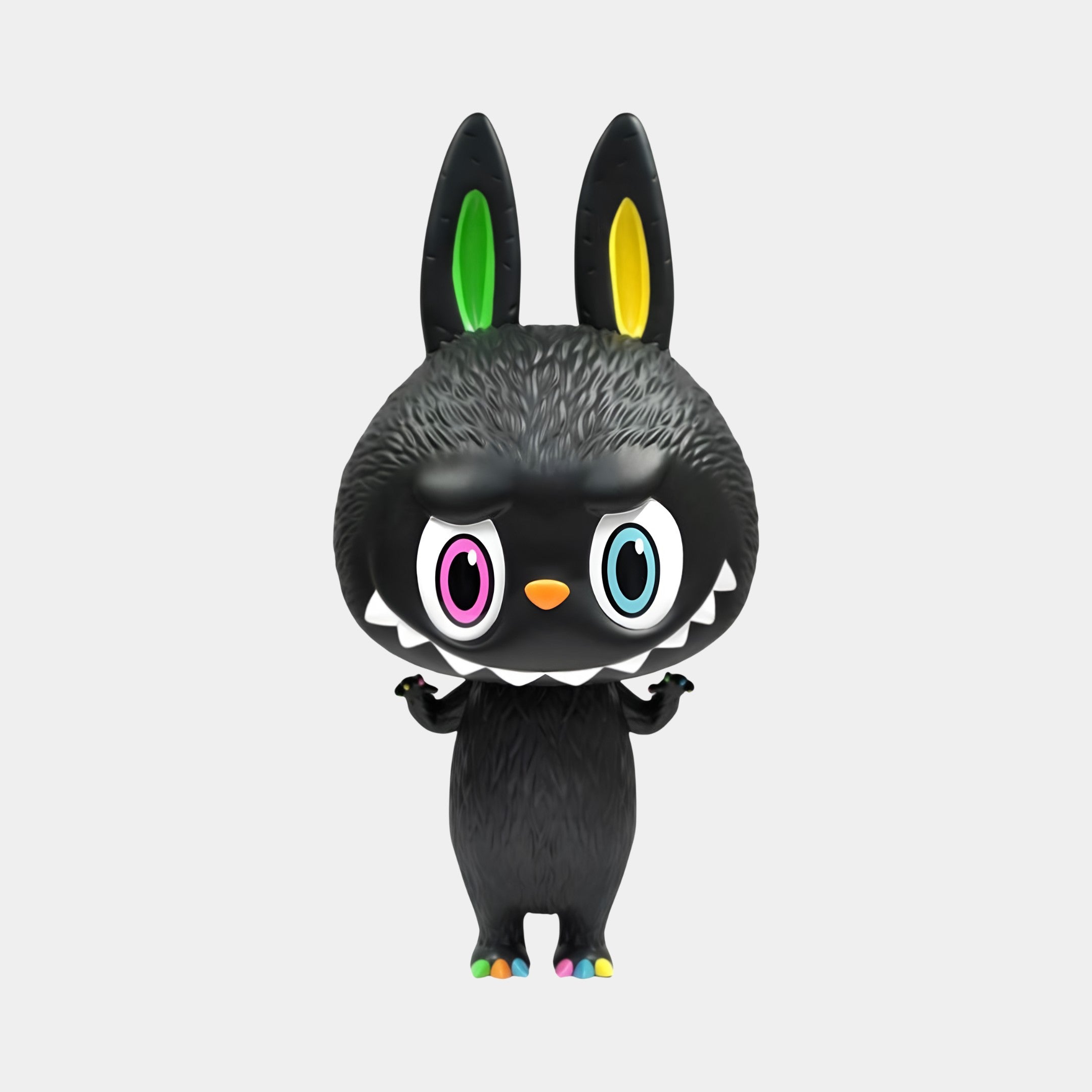 The Monster Zimomo Titan Labubu Sculpture by Giant Sculptures stands 70cm tall, featuring vibrant eyes, multicolored claws, and a playful grin—perfect as bold interior decor against any plain backdrop.