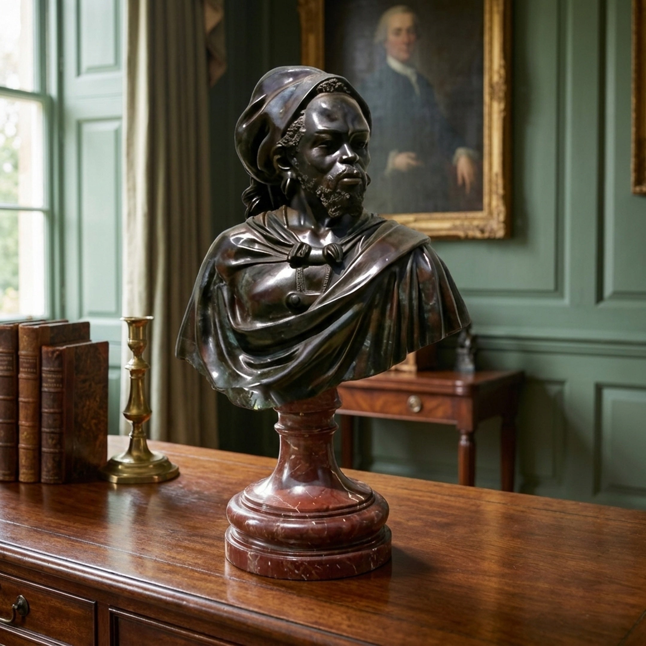 Classical Bearded Man Bust Bronze Bust 75cm by Giant Sculptures on a rouge marble pedestal, displayed on a wood sideboard in a green-panelled study.