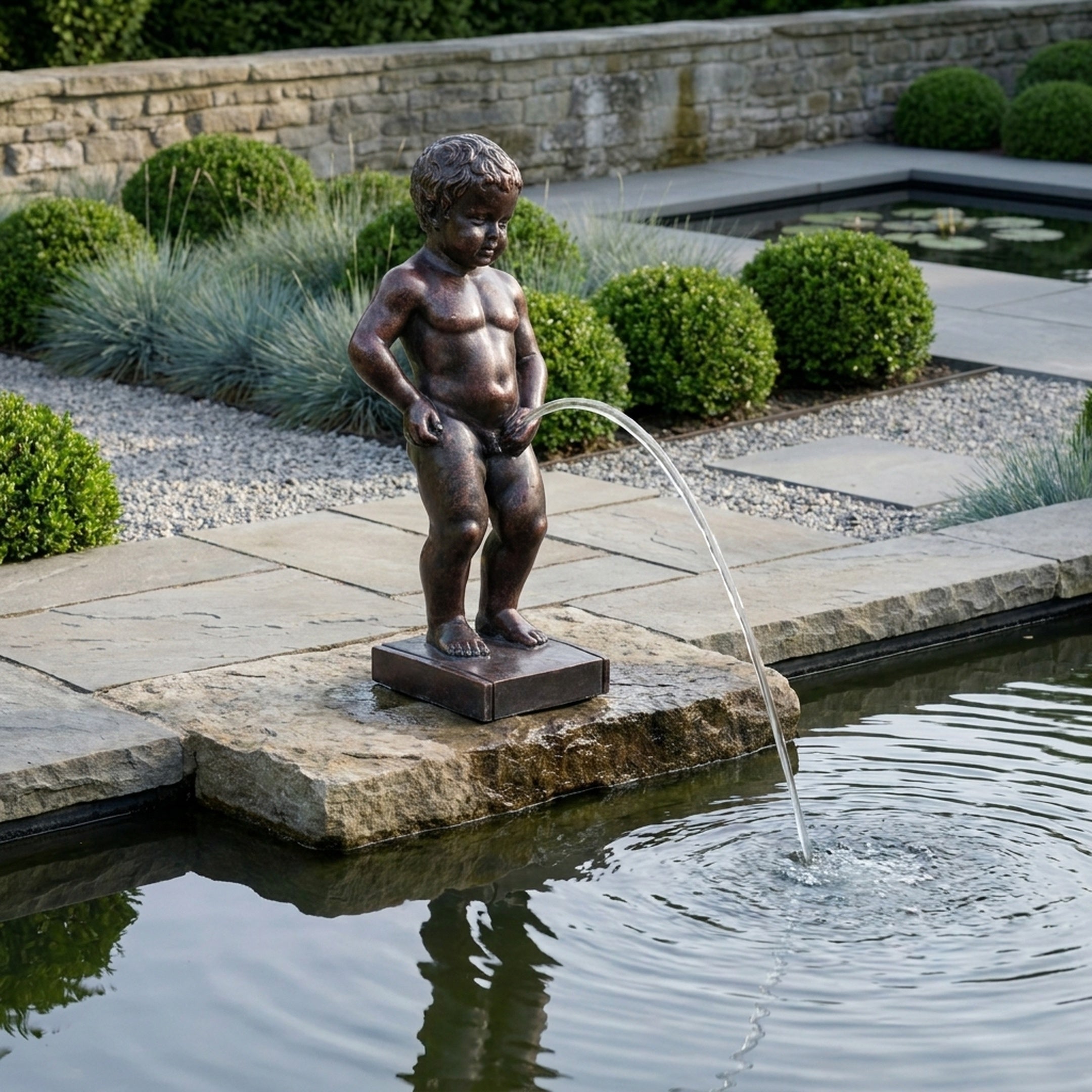 Classical Boy Fountain Bronze Fountain 60cm by Giant Sculptures on a stone slab beside a garden pond, arcing water into the pool with clipped box hedges behind.