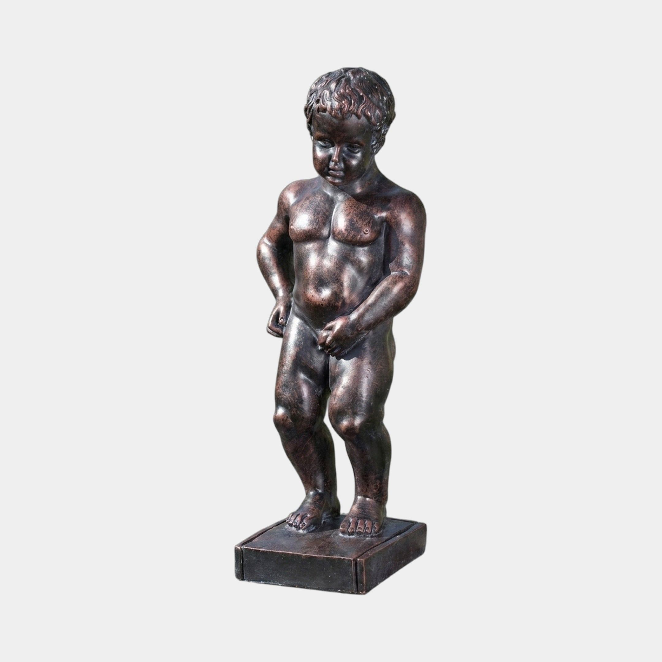 Classical Boy Fountain Bronze Fountain 60cm by Giant Sculptures, a nude boy figure with reddish-brown patina standing on a small plinth against a plain grey background.