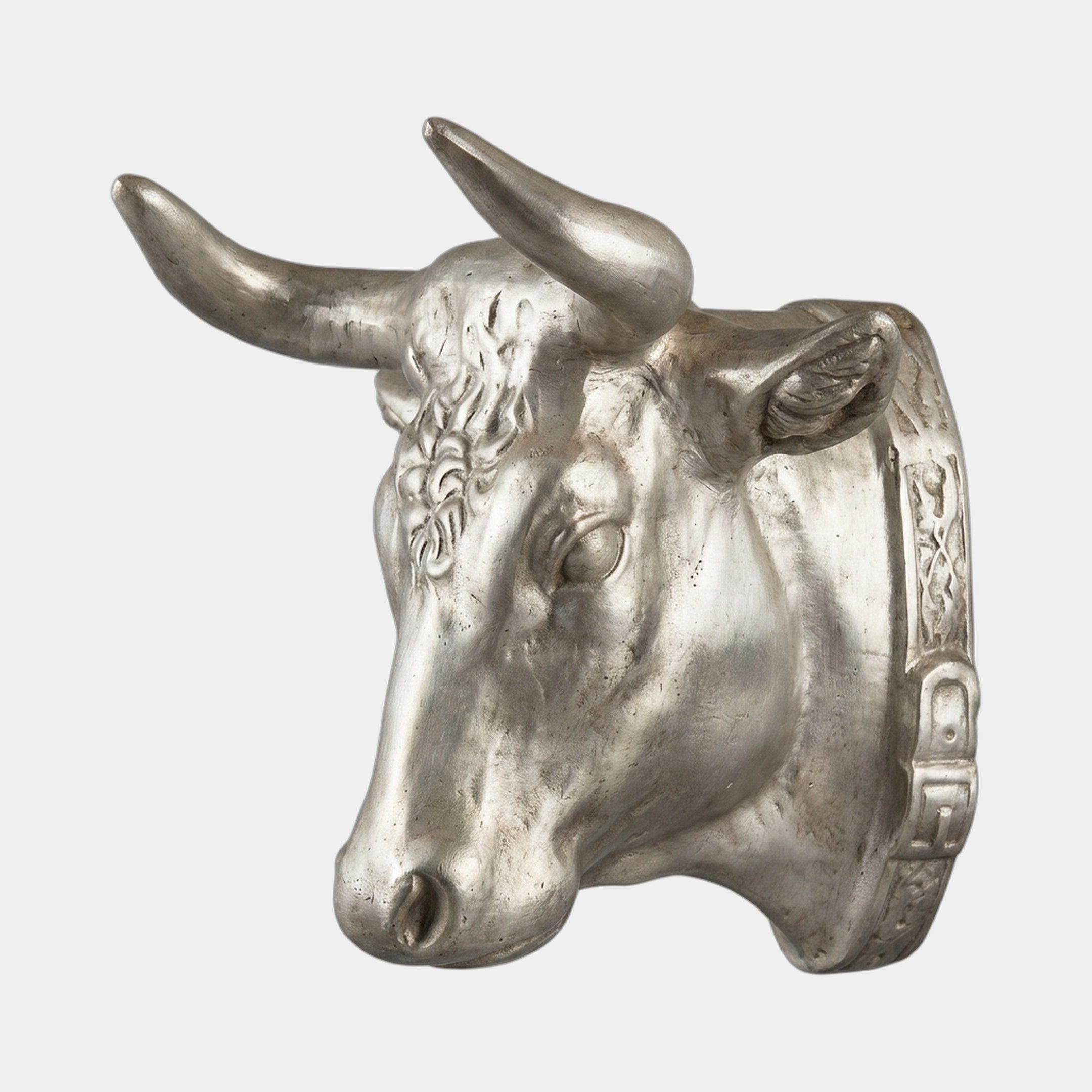 Classical Bull Head Bronze Relief 70cm by Giant Sculptures, shown in three-quarter view with curved horns and satin gold finish against a plain light background.
