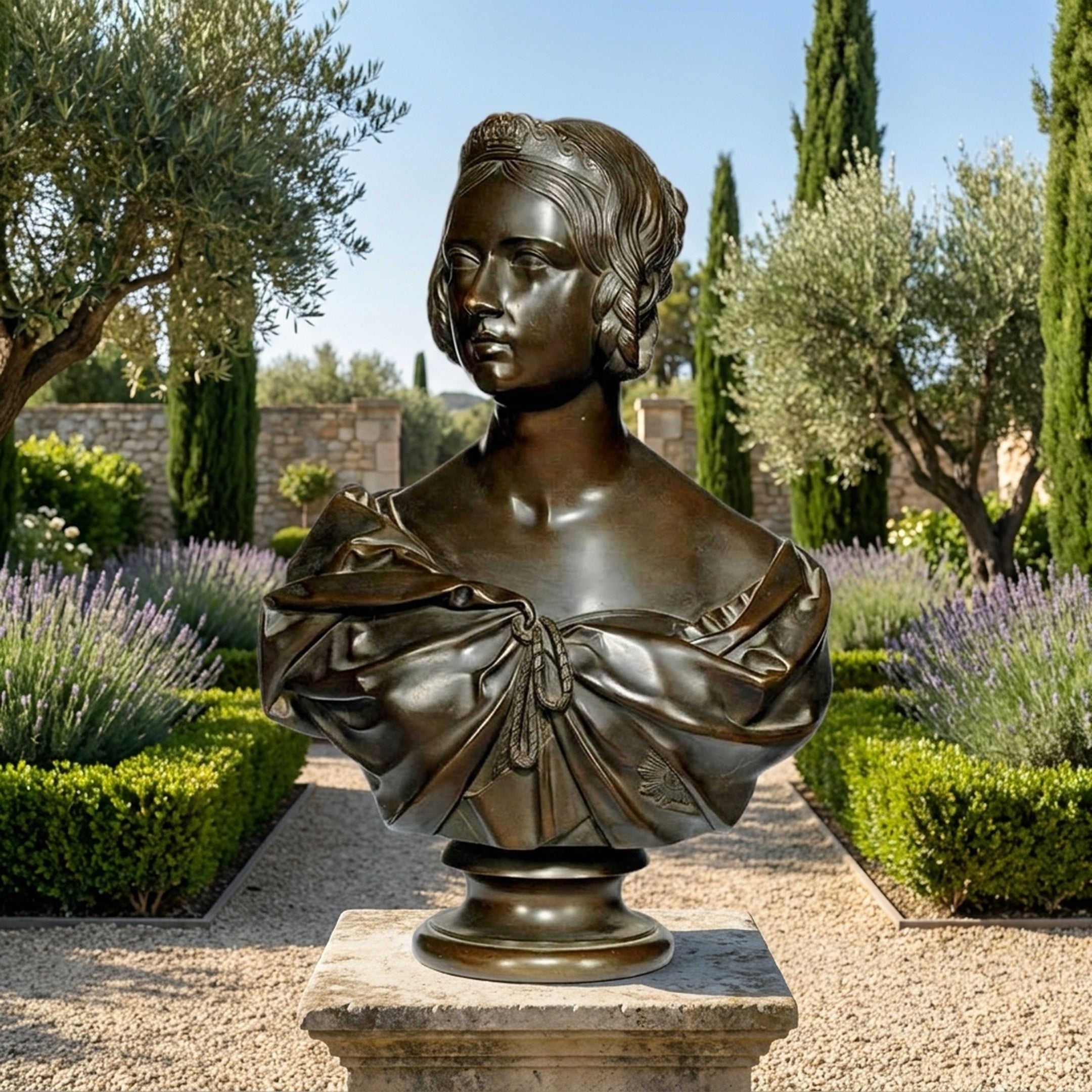 Classical Crowned Female Bronze Bust by Giant Sculptures on a stone plinth in a formal garden with lavender hedges, olive trees, and cypress.