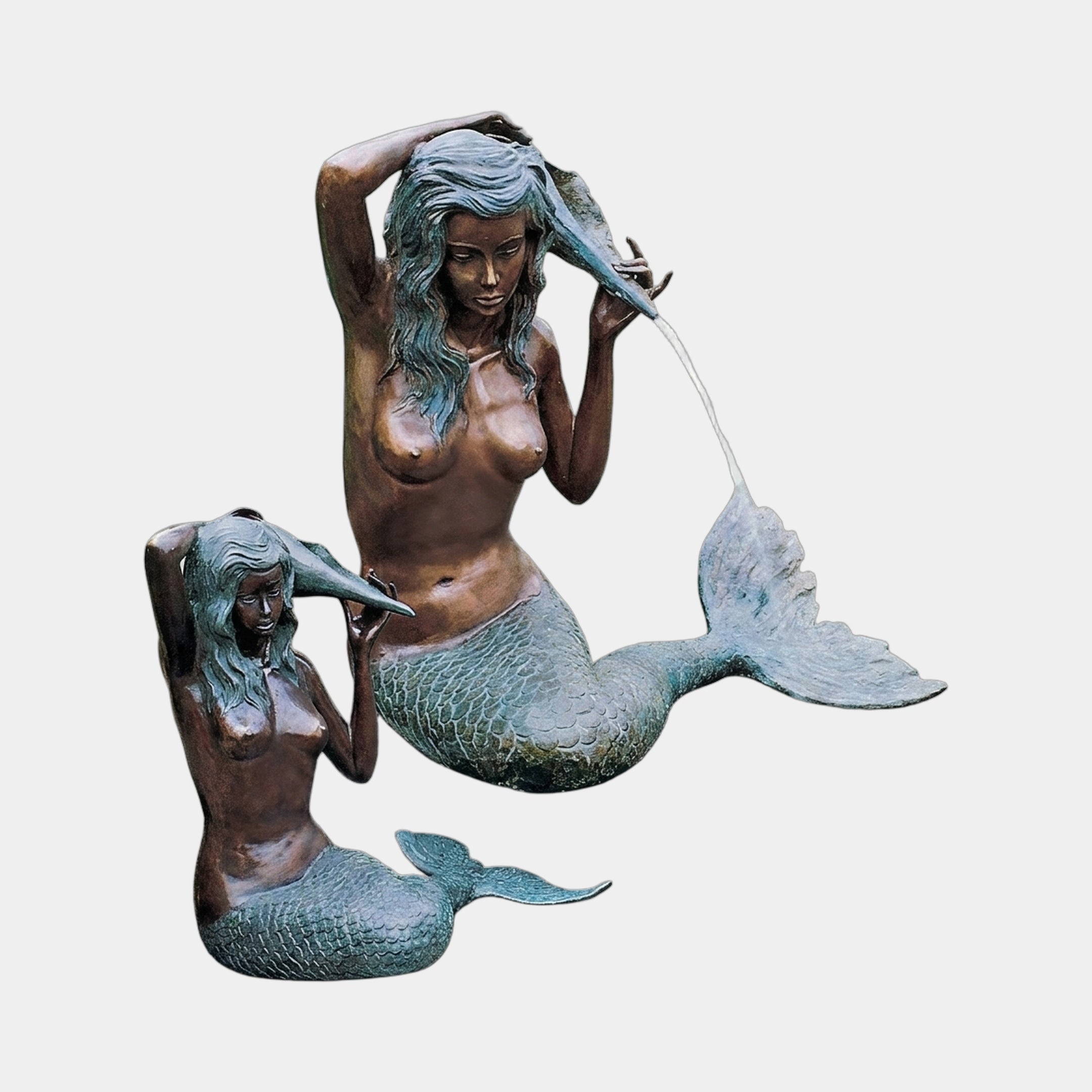 Classical Dual Mermaid Bronze Fountain by Giant Sculptures, 130cm, showing two mermaids wringing water from their hair with warm brown torsos and verdigris tails.