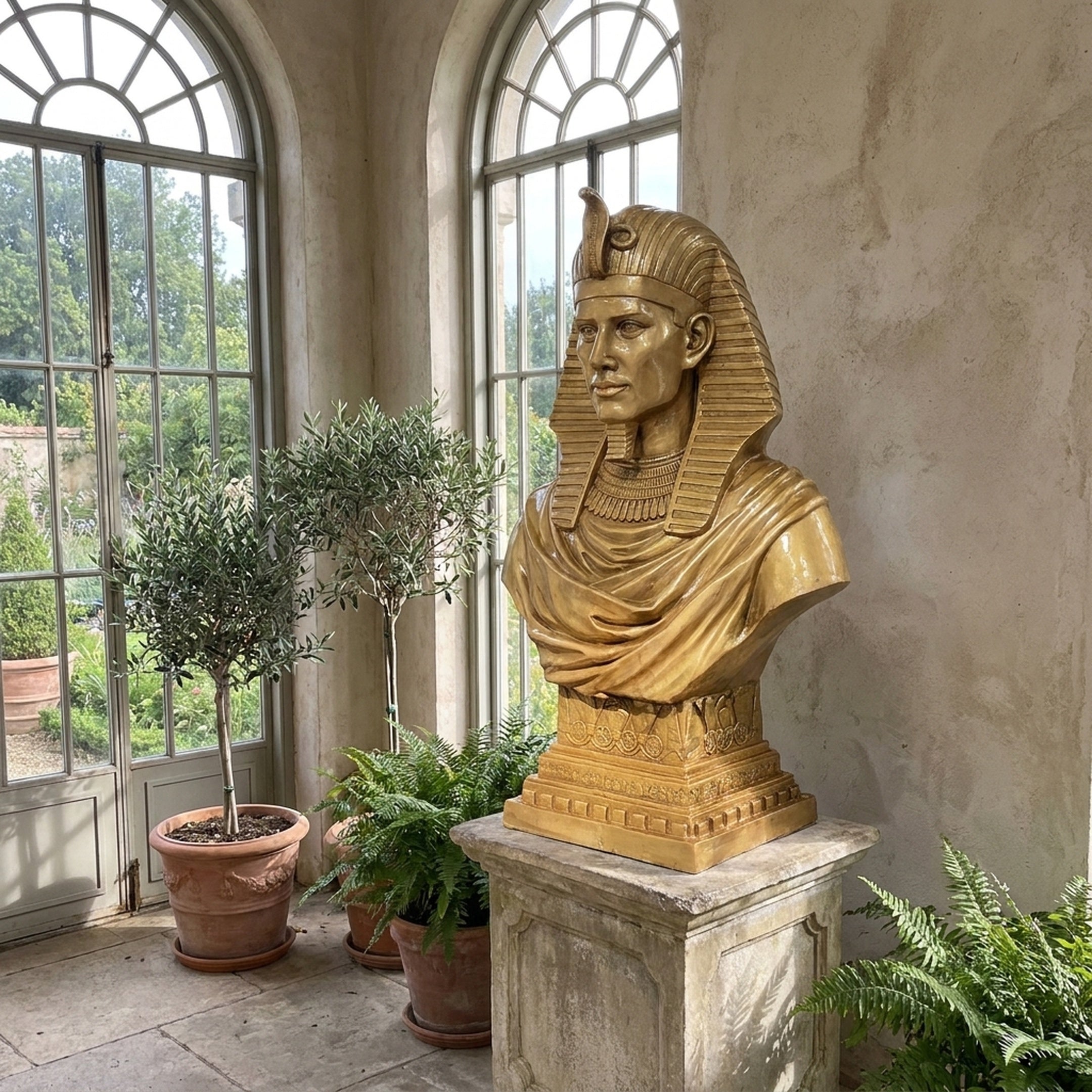 Classical Egyptian Pharaoh Bronze Bust by Giant Sculptures in polished gold, displayed on a stone plinth in a conservatory with arched windows and potted greenery.