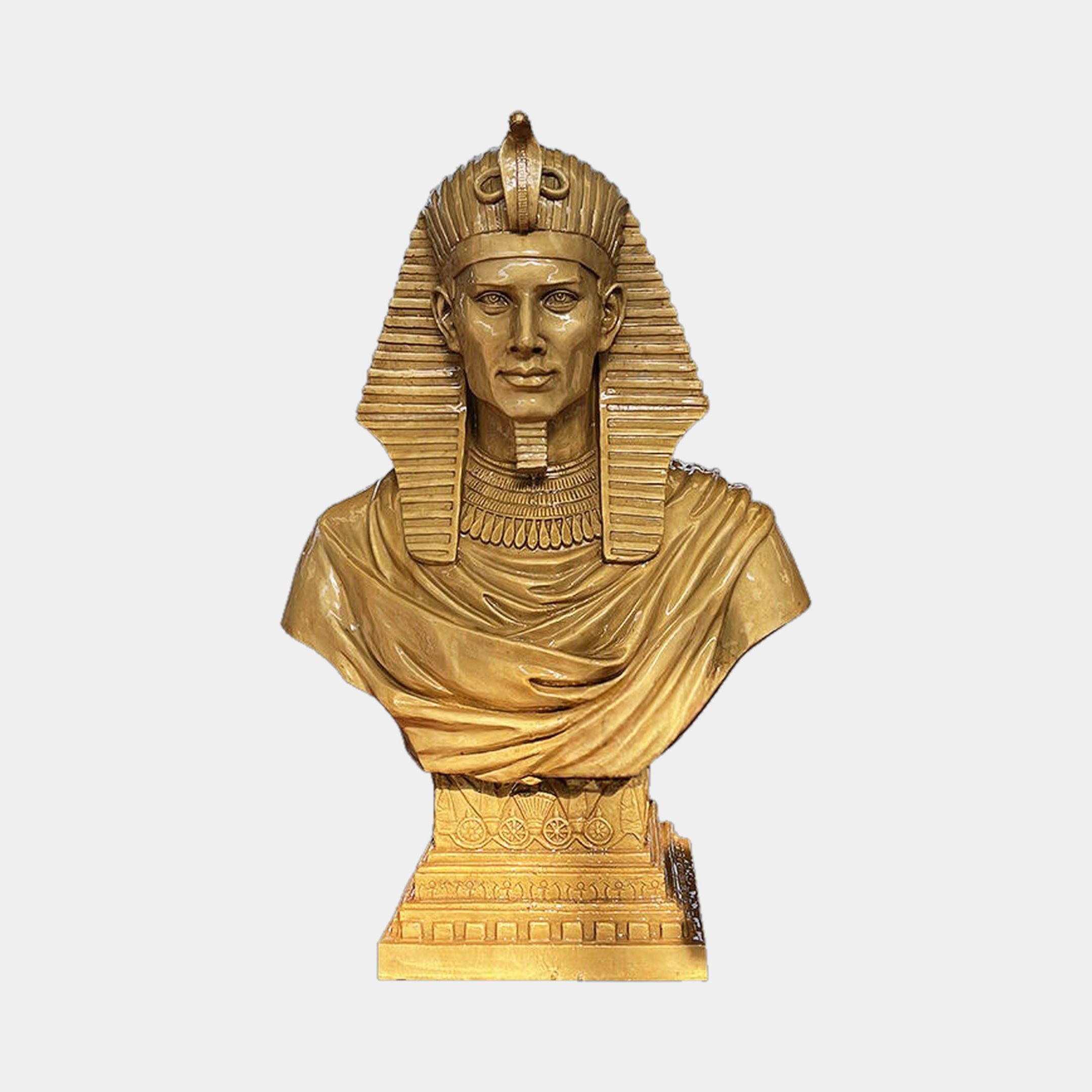 Giant Sculptures Classical Egyptian Pharaoh Bronze Bust 100cm in polished gold finish, front view with nemes headdress and usekh collar, on light grey.