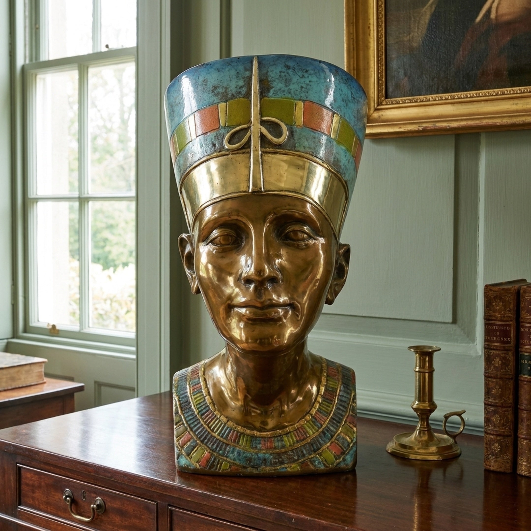 Classical Egyptian Queen Bust by Giant Sculptures in polished gold-tone bronze with turquoise and polychrome crown, displayed on a wooden cabinet by a window.