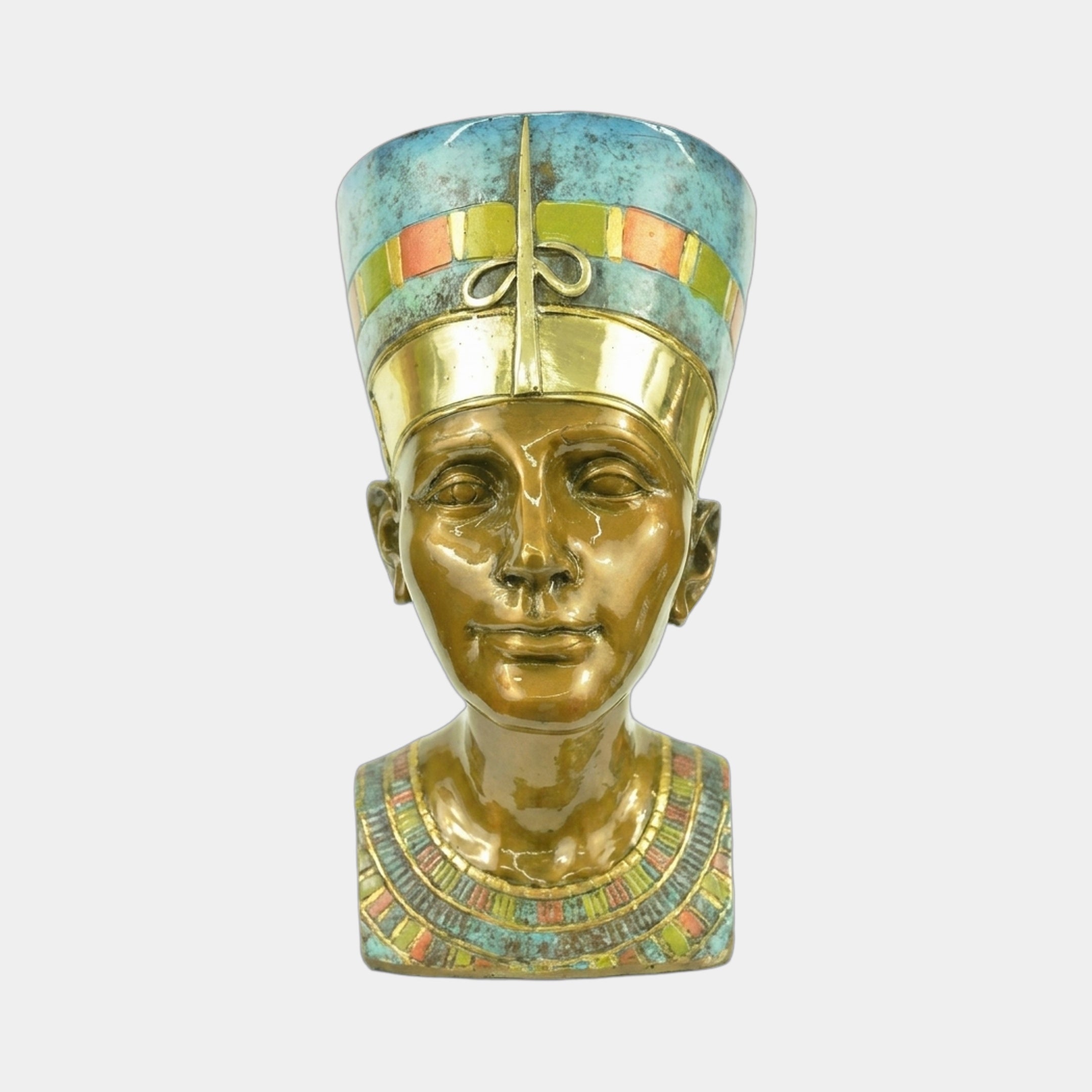 Classical Egyptian Queen Bust Bronze Bust by Giant Sculptures, polished gold-tone face with turquoise and polychrome crown and collarette, on a plain background.