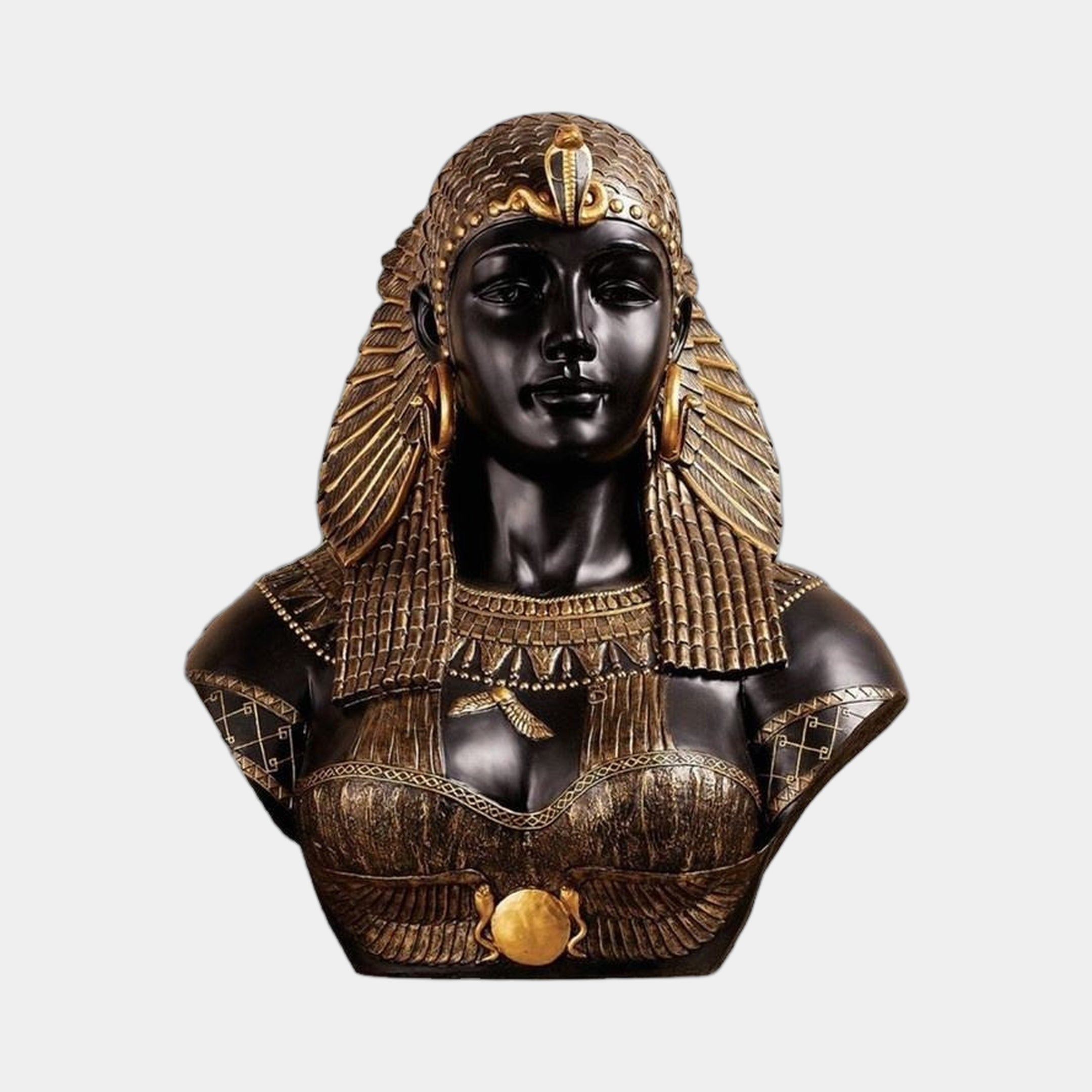 Classical Egyptian Queen Bust by Giant Sculptures in black patina with gold-highlighted nemes headdress, usekh collar, and winged scarab, on a plain background.
